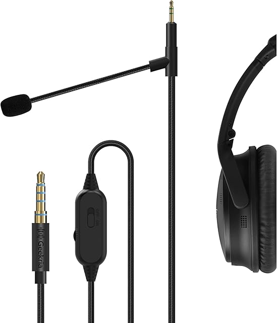 GEEKRIA Boom Mic Headphones Cable Compatible with Bose QCSE 700 QC45, 2.5mm Jack Nylon Braided Replacement Cord with Boom Microphone and Volume/Mute Control for Gaming & Meeting (6 ft)