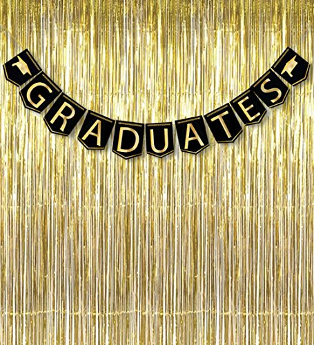 Moon Boat 2017 Graduation Banner Decorations Grad Foil Metallic Fringe Curtains - Black Gold Party Supplies Ornaments