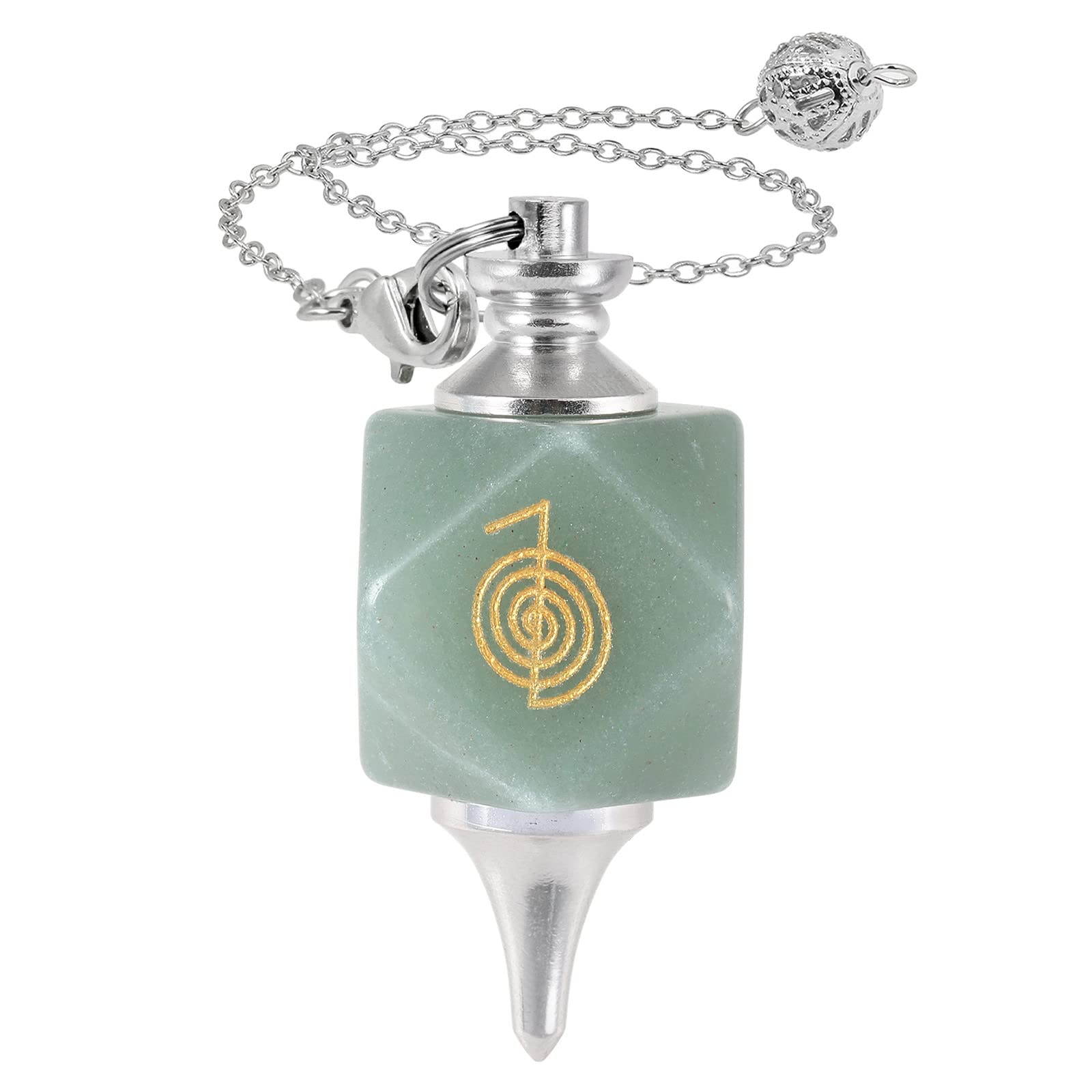 Mookaitedecor - Péndulo de cristal natural con símbolo reiki para radiestesia y adivinación, péndulo poliédrico de piedra de cristal reiki con cadena para meditación y herramienta wicca, Aventurina