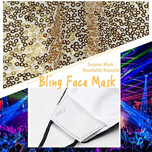 Image of Sparkly Sequins Mouth Masc Fashion Designer Glitter Cotton Face Cover With Adjustable Ear Loops Reusable Masquerade Party Nightclub Rave Festival Sequins Face Covering (Gold)