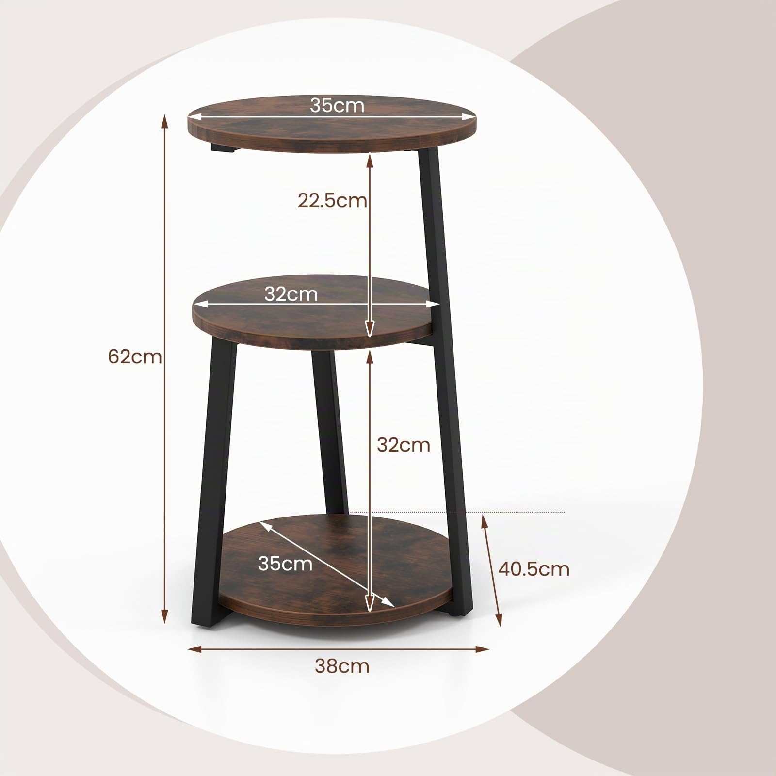 GIANTEX Tavolino a 3 livelli 62 cm, comodino con 3 ripiani in legno, tavolino da caffè con telaio in metallo con piedini regolabili, tavolino rotondo design industriale
