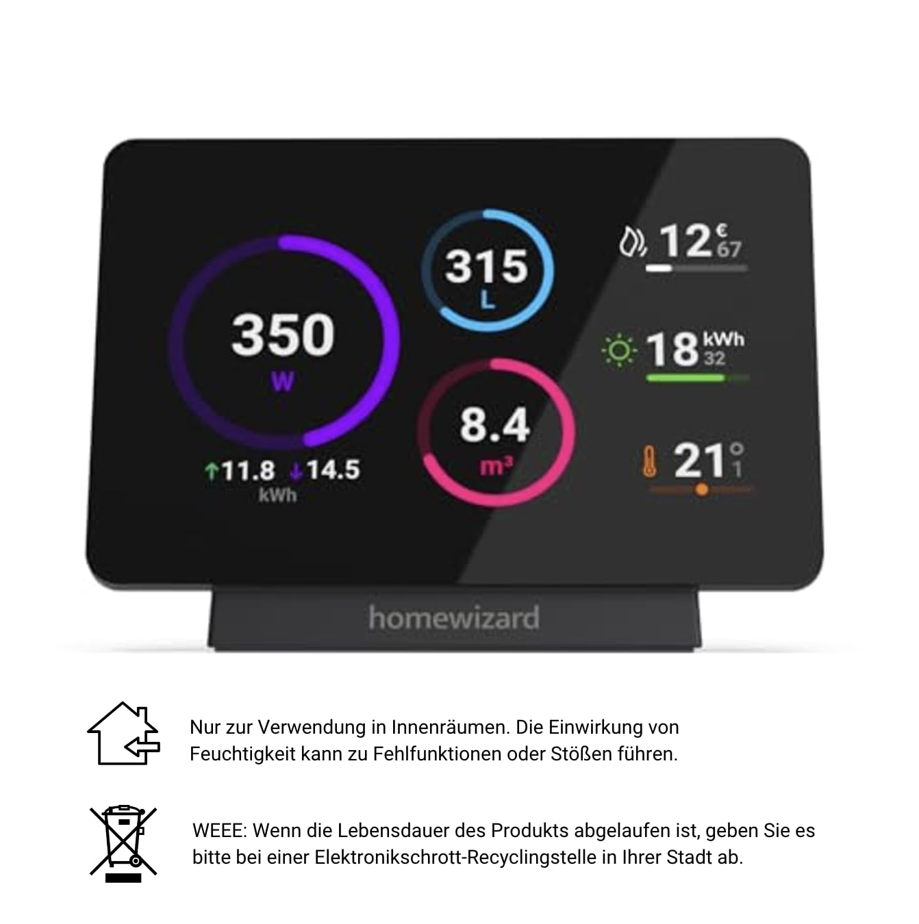 HomeWizard Energy Display, Echtzeitverbrauchsanzeige, Zubehör für P1/kWh/Watermeter, Schwarz