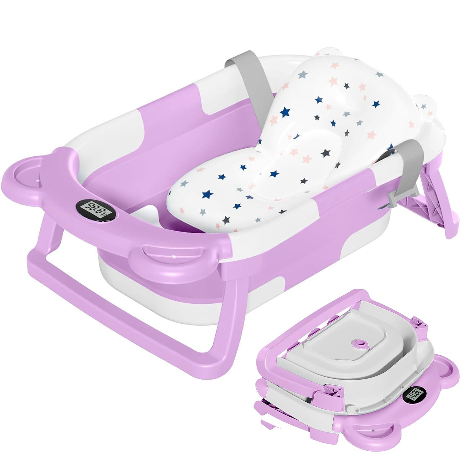 TPN Collapsible Baby Bathtub, Baby Bath Tub with Soft Cushion & Real-Time Thermometer, Baby Bathtub Infant to Toddler Tub (0-36 Months), Portable