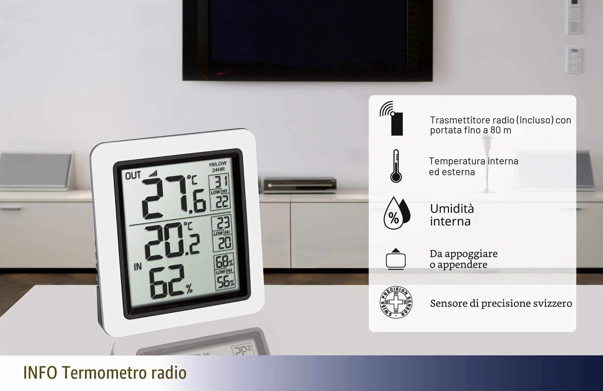 TFA Dostmann INFO termometro radio con sensore esterno, 30.3065.02, temperatura interna ed esterna, visualizzazione valori max. min., controllo del clima ambiente, misuratore di umidità, bianco