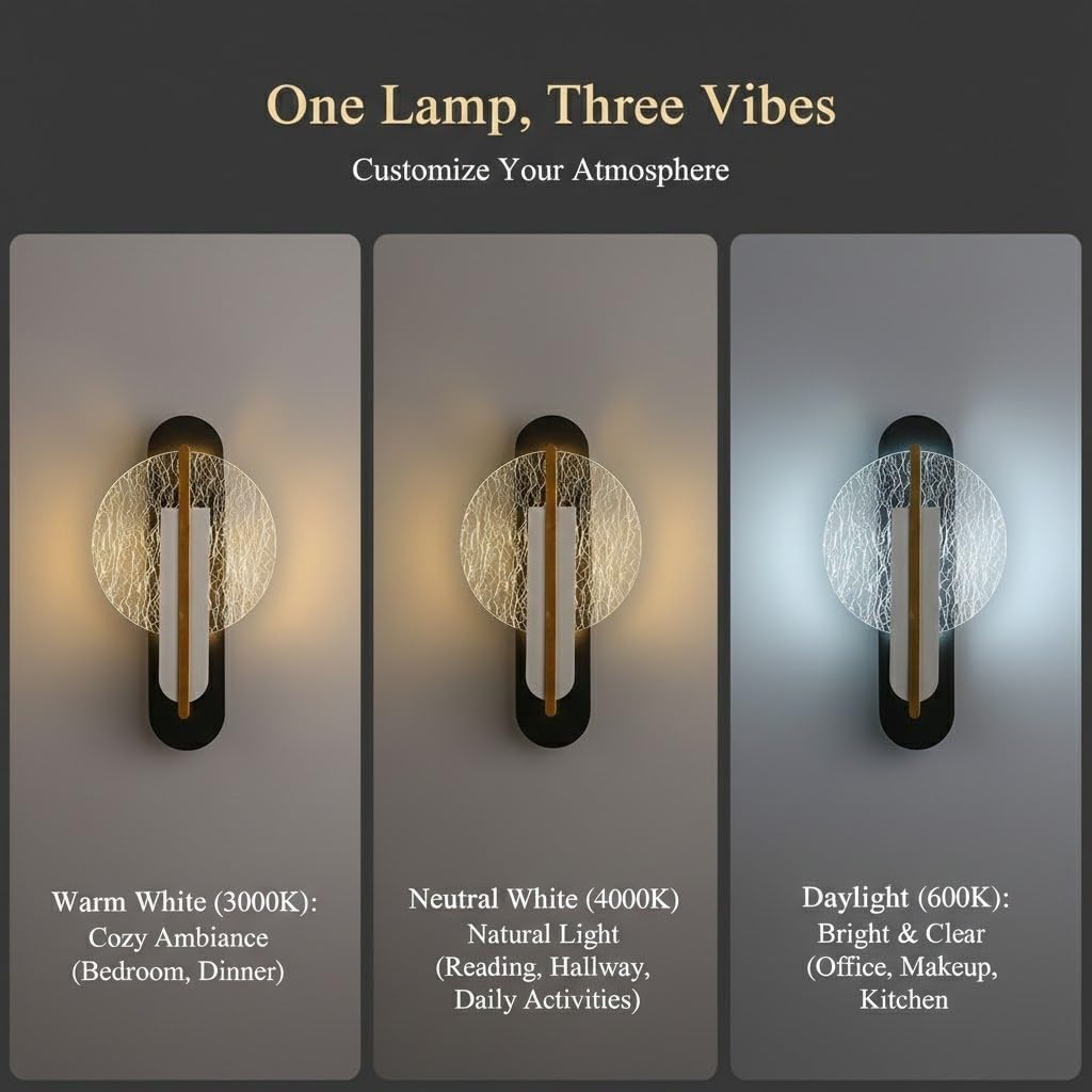 Wall Lamp, Round Acrylic LED Wall Sconce, Black Gold Wall Light for Bedroom, Living Room, Hallway, Entryway, Corridor, Nordic Fixture, Bedside Accent, Apartment Loft, Foyer Parlor