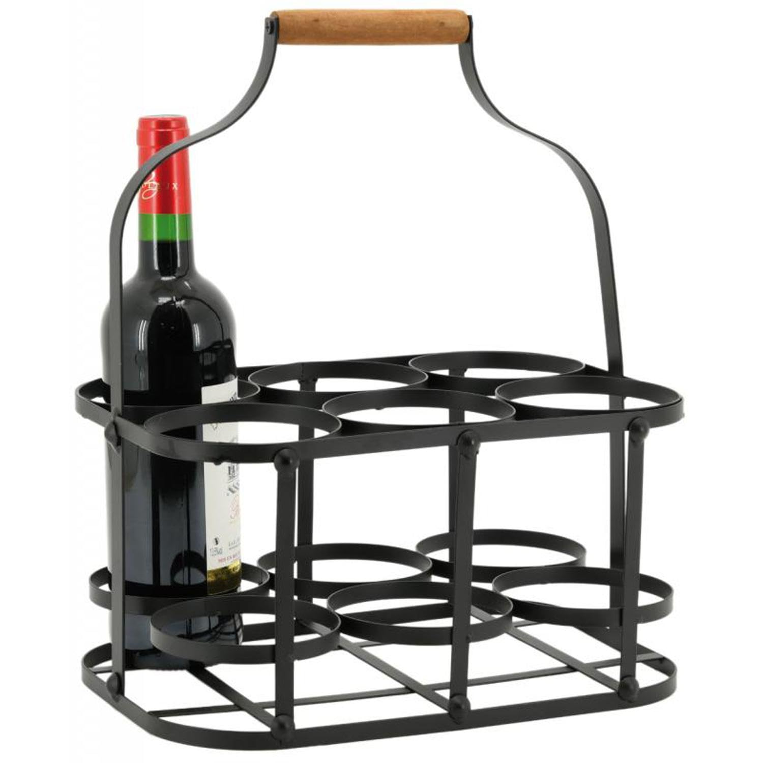 AUBRY GASPARD - Panier Bouteilles Métal Bois - 6 Bouteilles - Noir Naturel - 33.5x22.5x37 cm - Réceptacles 10.2 cm - Poignée Bois - Idéal Transport Rangement Vin Bière