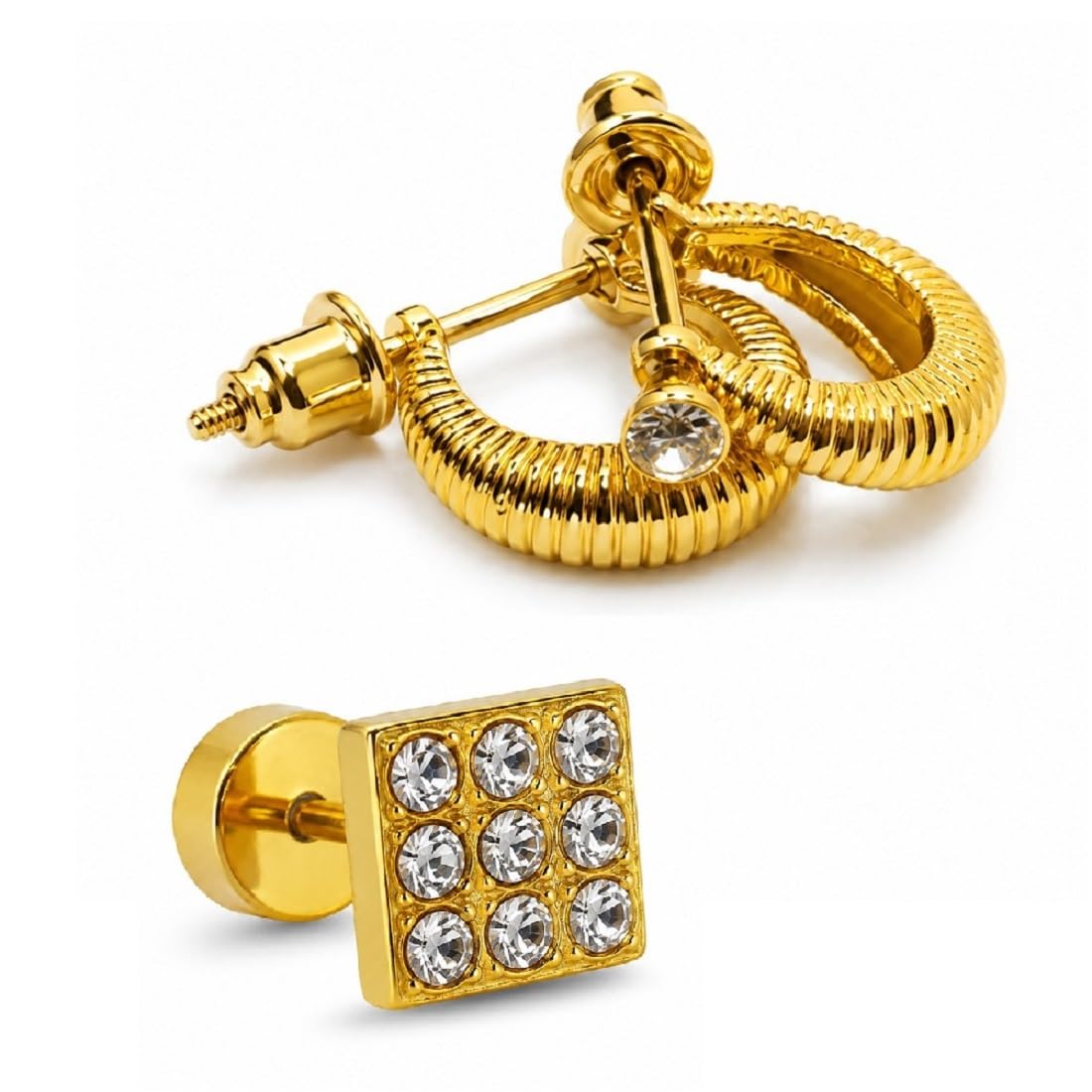 adhvik Combo of Men Golden Square Crystal & Golden Shell Bali Pair Ear Earrings Premium Stylish Casual Wear & Attractive Gift Choice-picture-29