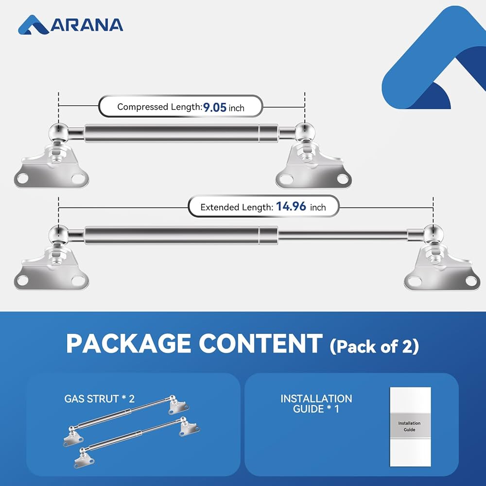 ARANA 20 Inch 100 Lbs Universal Gas Struts For Heavy Lid With Brackets(Non-Detachable), Gas Shocks Lift Lid Heavy Duty Lift Support For RV Bed Boat Engine Cover Trap Door(Fits 85-115 Lbs