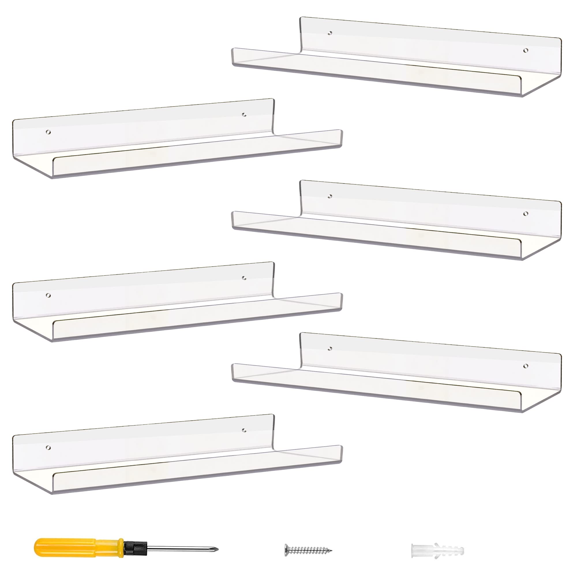 ACRADEC Acrylic Shelves for Wall Set of 6, 15” x 4” - Spacious Clear Shelves with Mounting Kit - Easy to Install, Versatile & Sturdy Shelfs - Funko Pop Shelves Perfect for Decoration & Storage