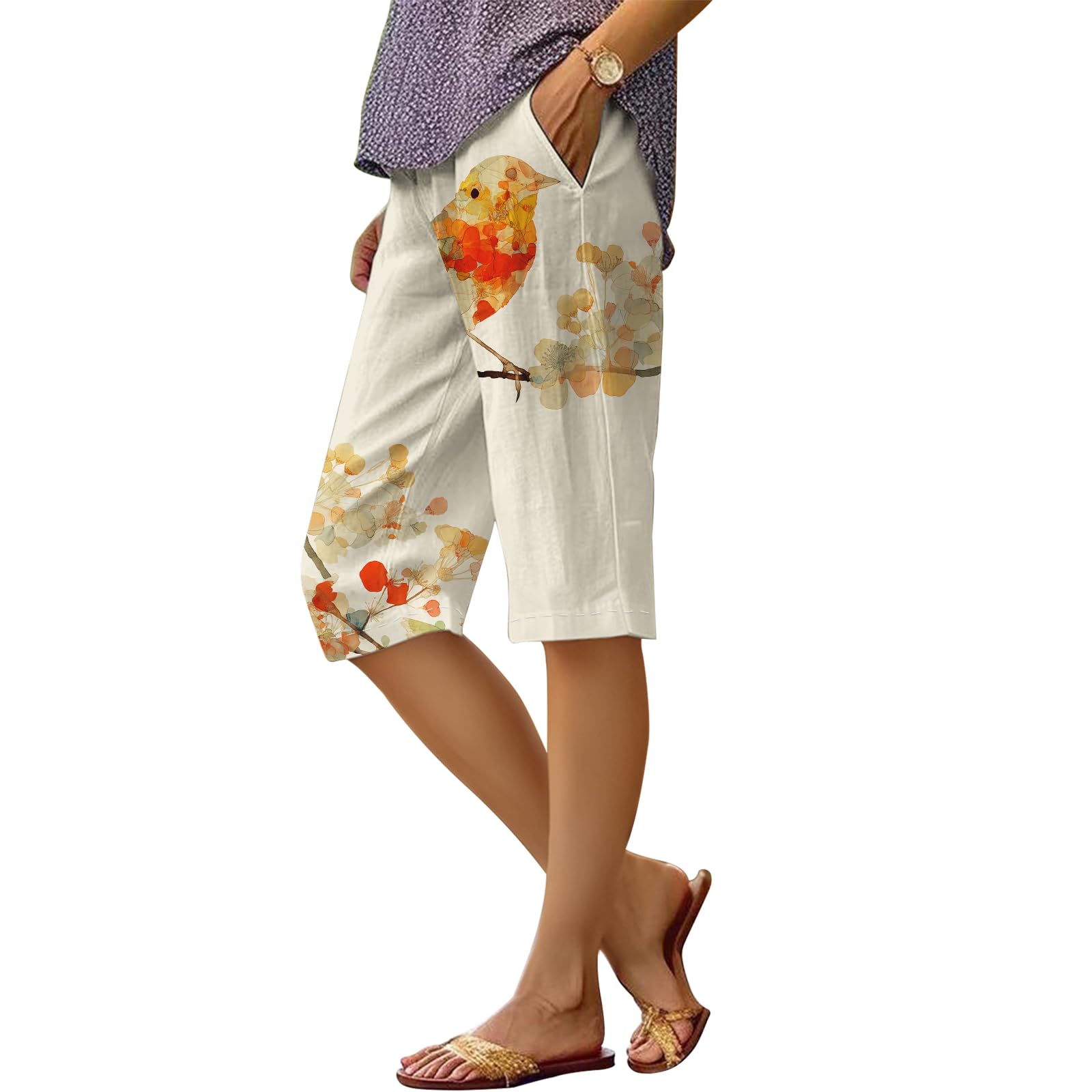 Womens Summer Casual Beach Bermuda Shorts Boho Striped Pant Loose Knee Length Wide Leg Athletic Pants with Pockets
