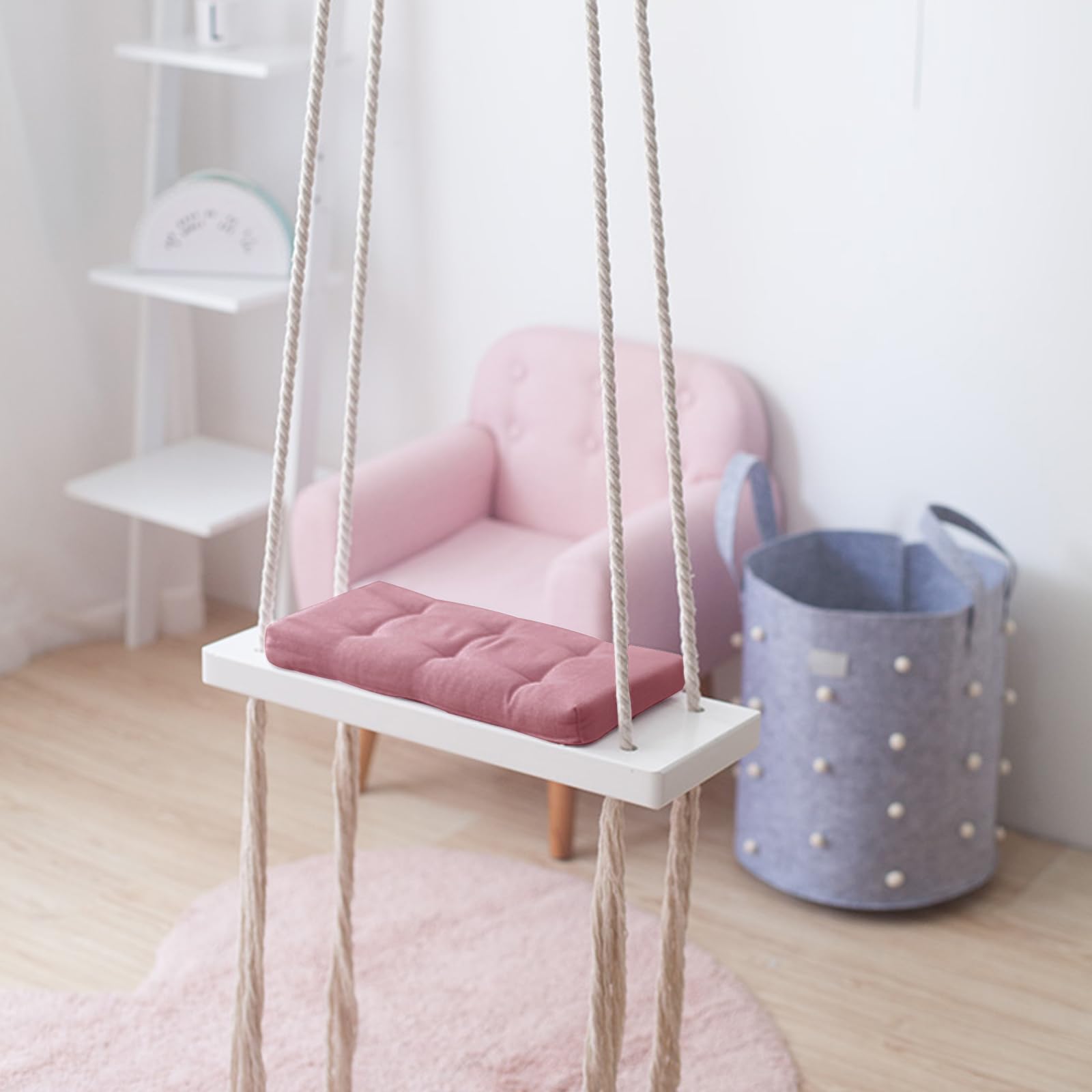 Columpio infantil de 50 x 18 x 3,5 cm, 50 kg, carga rosa, madera maciza con cuerdas de cáñamo engrosadas y cojín de esponja, columpio para interiores para habitación infantil y jardín