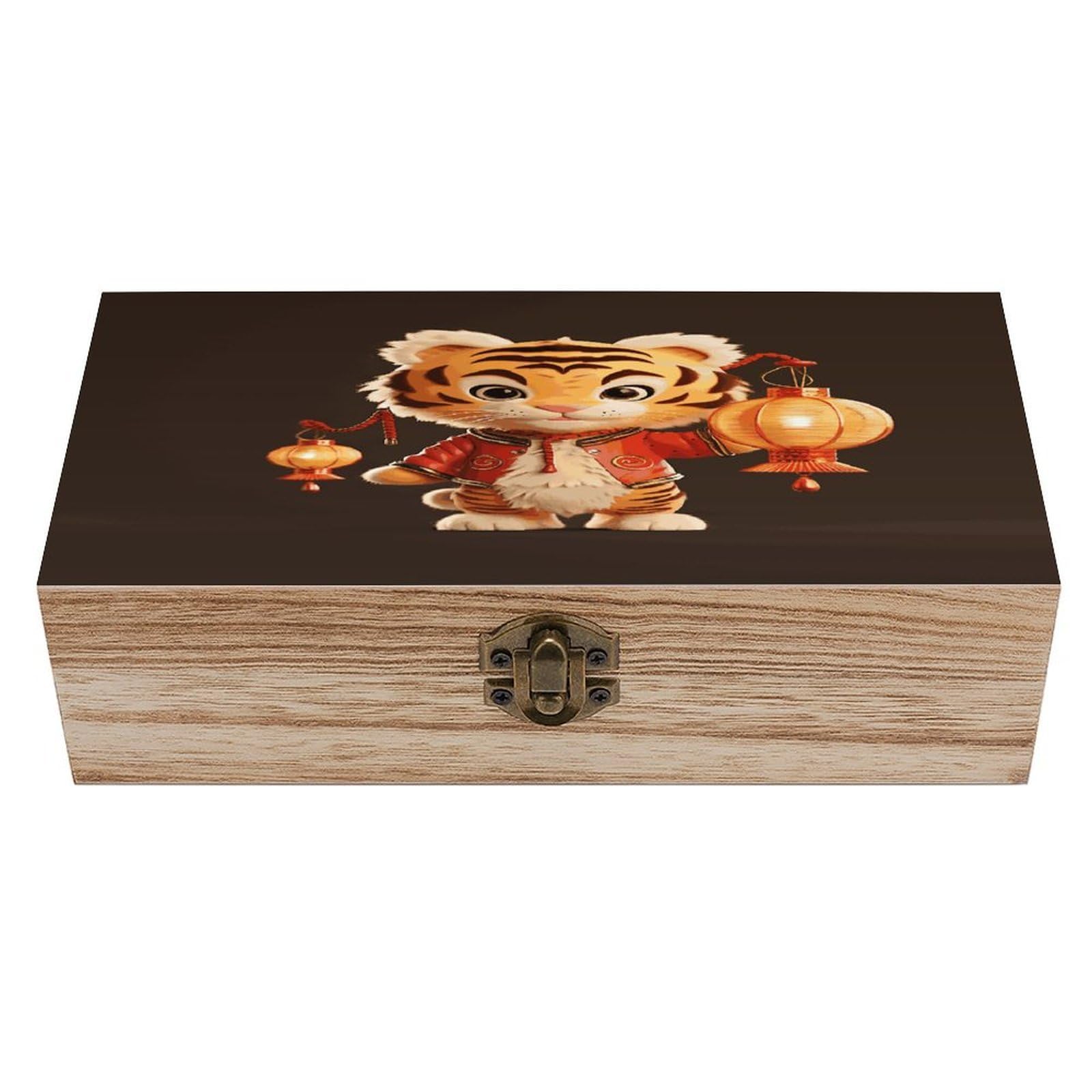 VstaDank A Tiger Holding A Lantern Wooden Storage Box Wooden Keepsake Box with A Hinged Lid Fashion Memory Treasure Boxes Decorative Jewelry Case for Crafts Photo Home Decor Wood Gift Box