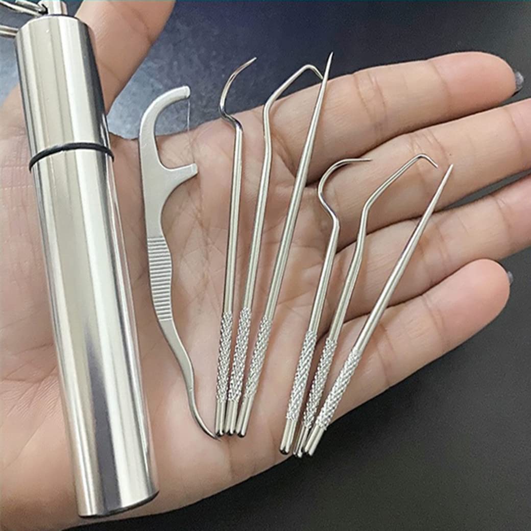 Dental Pick Portable Stainless Steel Tooth Pick Set Reusable Tooth Stains Remover Dental Tool Teeth Cleaning Tools with Holder for Outdoor Picnic, Camping, Travel (7PCS/Set) 4