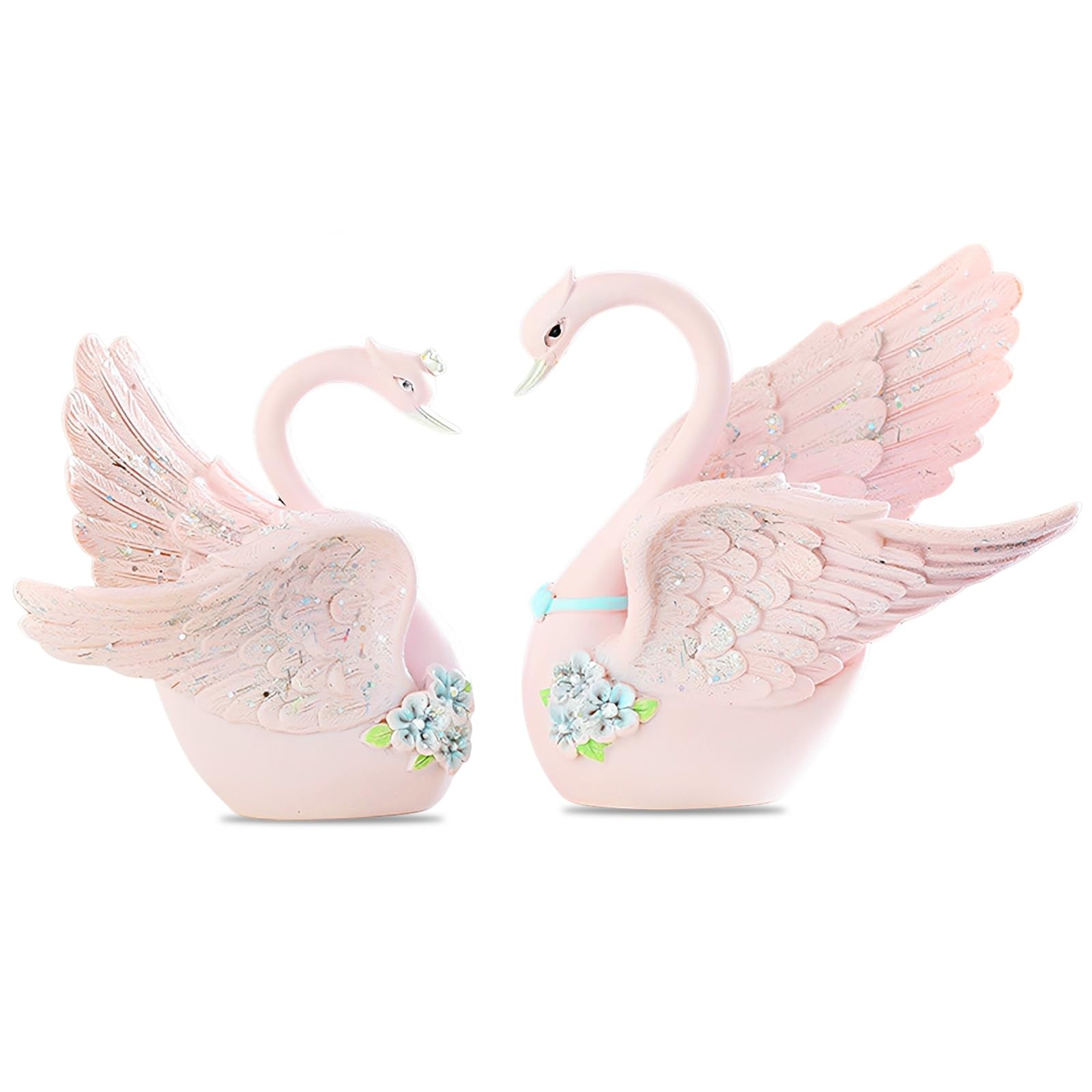 EOREA 2 Pack Large Resin White Swan Figurines, Vintage Full-Bodied Couple Swan Statue, Romantic Tabletop Centerpiece, Reusable Wedding Cake Topper for Anniversary, Bridal Shower & Party Decor (Pink)