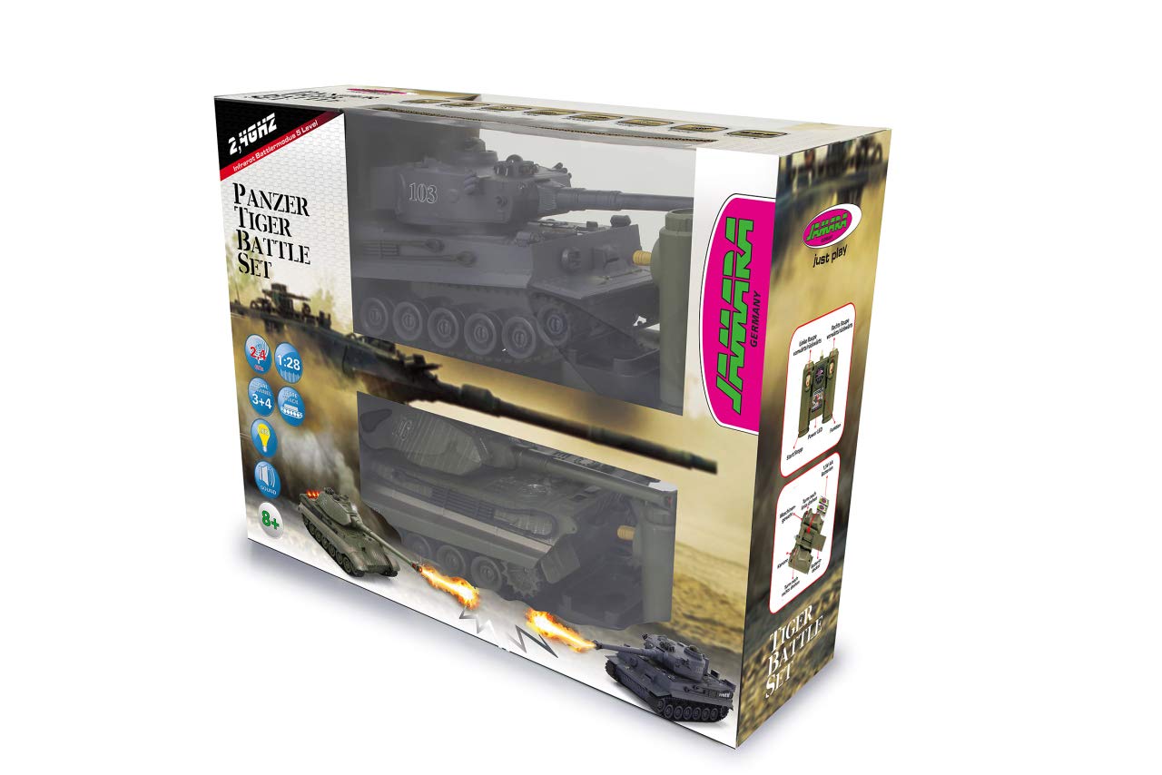 JAMARA Char Tiger Battle Set 2,4 GHz – Mode Bataille avec indicateur de dégâts simulé (Panne d'entraînement, incapacité de Combat et de Conduite), extrêmement maniable, feu de Canon, feu de