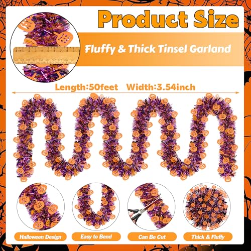 Image of 50 FT Halloween Tinsel Garland, Glitter Tinsel Garlands with Purple Orange Pumpkin, Metallic Holiday Hanging Streamers for Halloween Party Supplies Indoor Outdoor Decoration