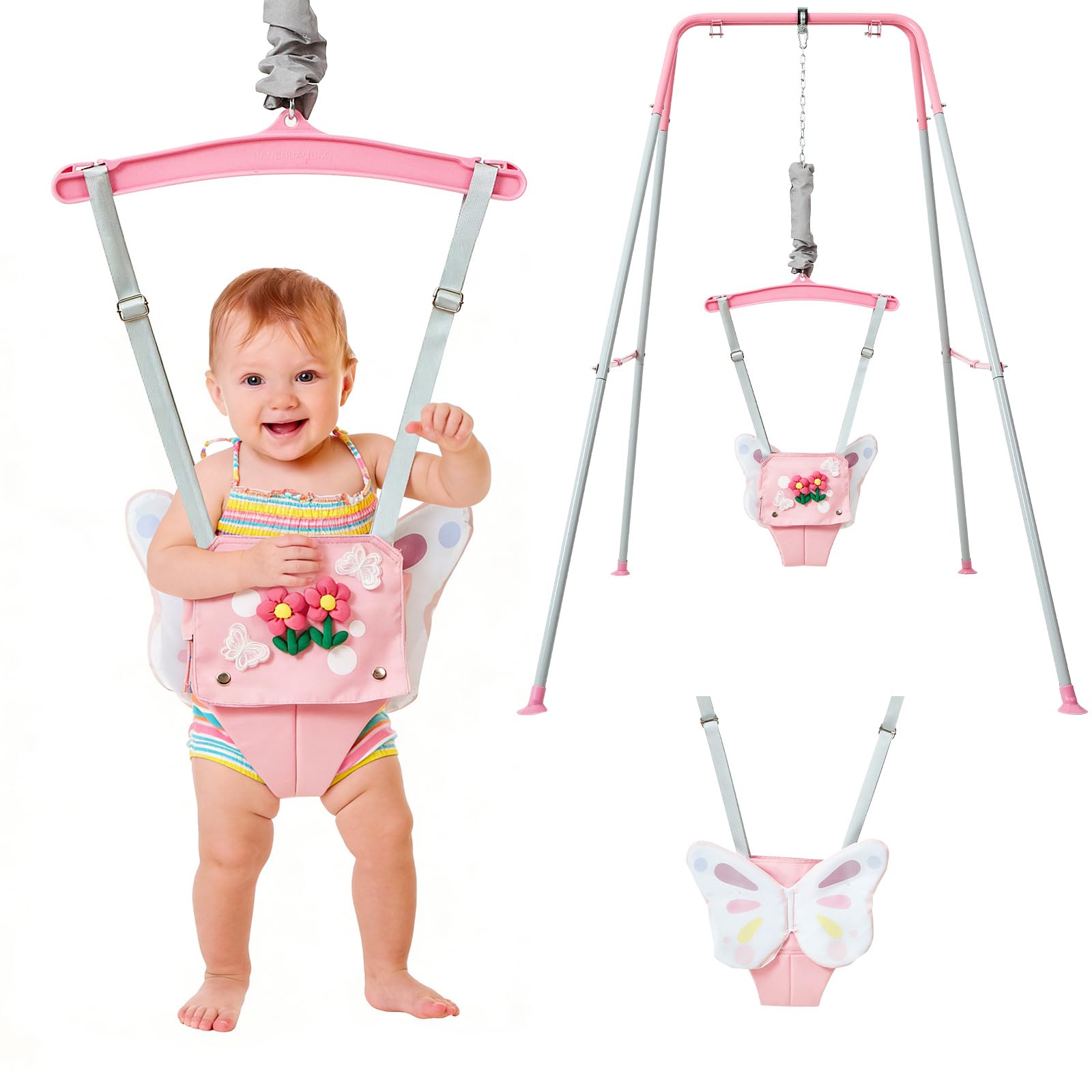 FUNLIO Baby-Hüpfsitz mit Ständer für 6–24 Monate, Hüpfsitz für drinnen und draußen, mit verstellbarer Kette, einfach aufzubauen und zu verstauen (mit Ständer) – Rosa Schmetterling