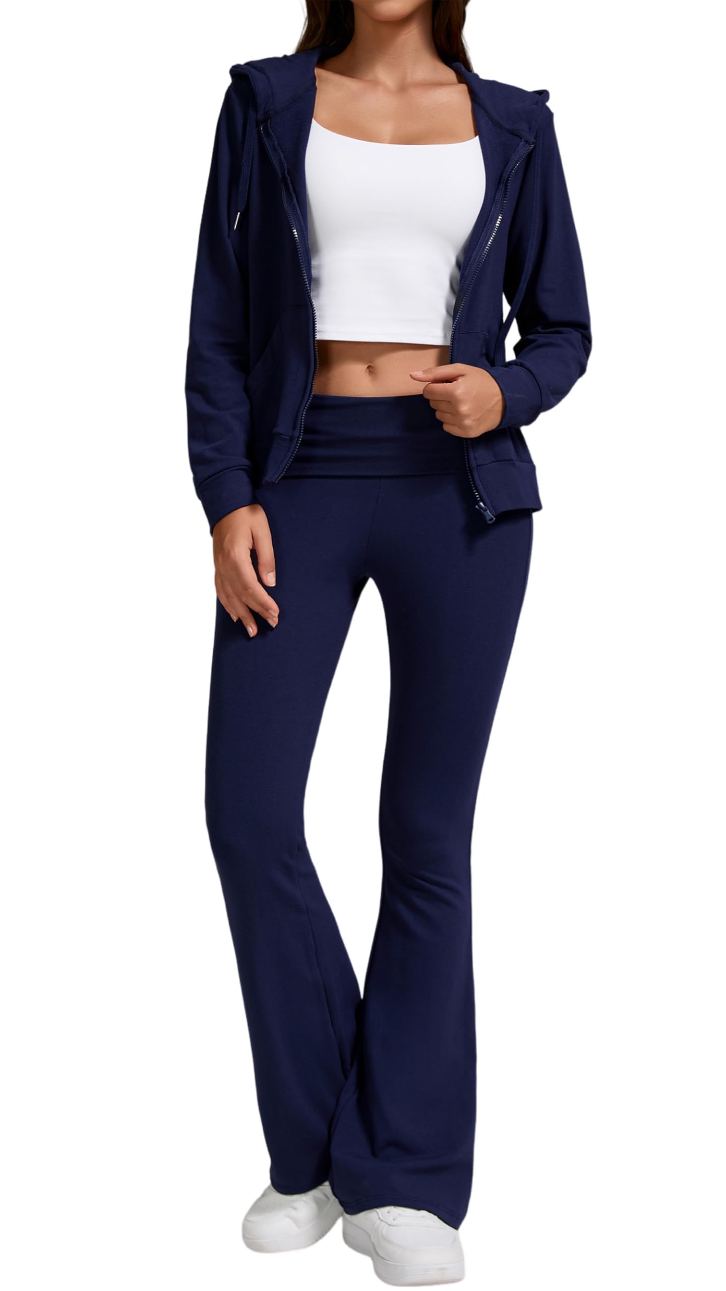 Yetowa Women's Navy 2-Piece Lounge Outfit-Lightweight Zip-Up Hoodie With Pockets & Low Rise Flare Leggings Yoga Sweatsuit Set, Xl