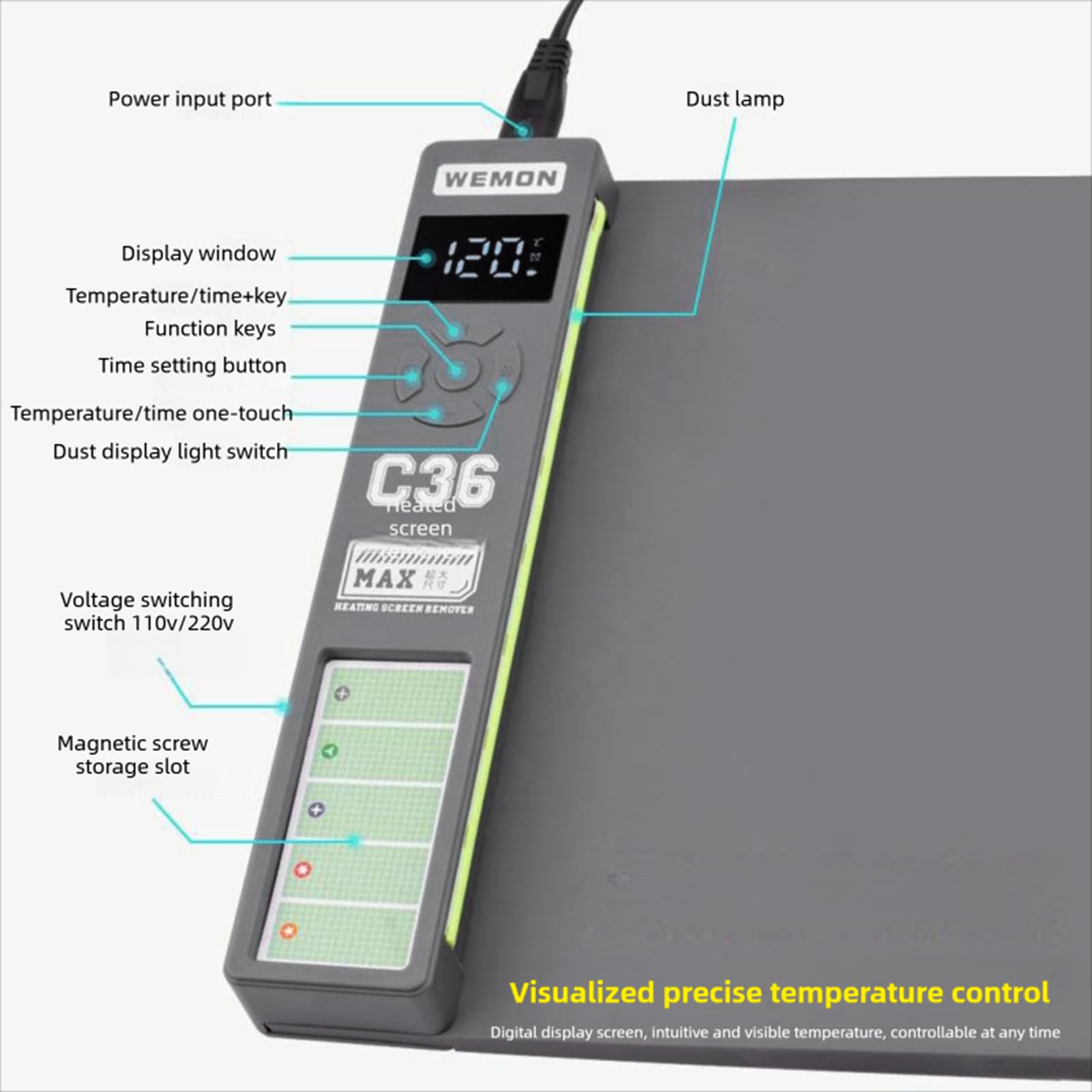 Bewinner Placa Calefactora Separadora LCD 300W, 30-135°C Estera Calefactora con Control de Temperatura Digital para Reparación de Pantalla de Tableta de Teléfono, Almohadilla de Silicona de (Enchufe