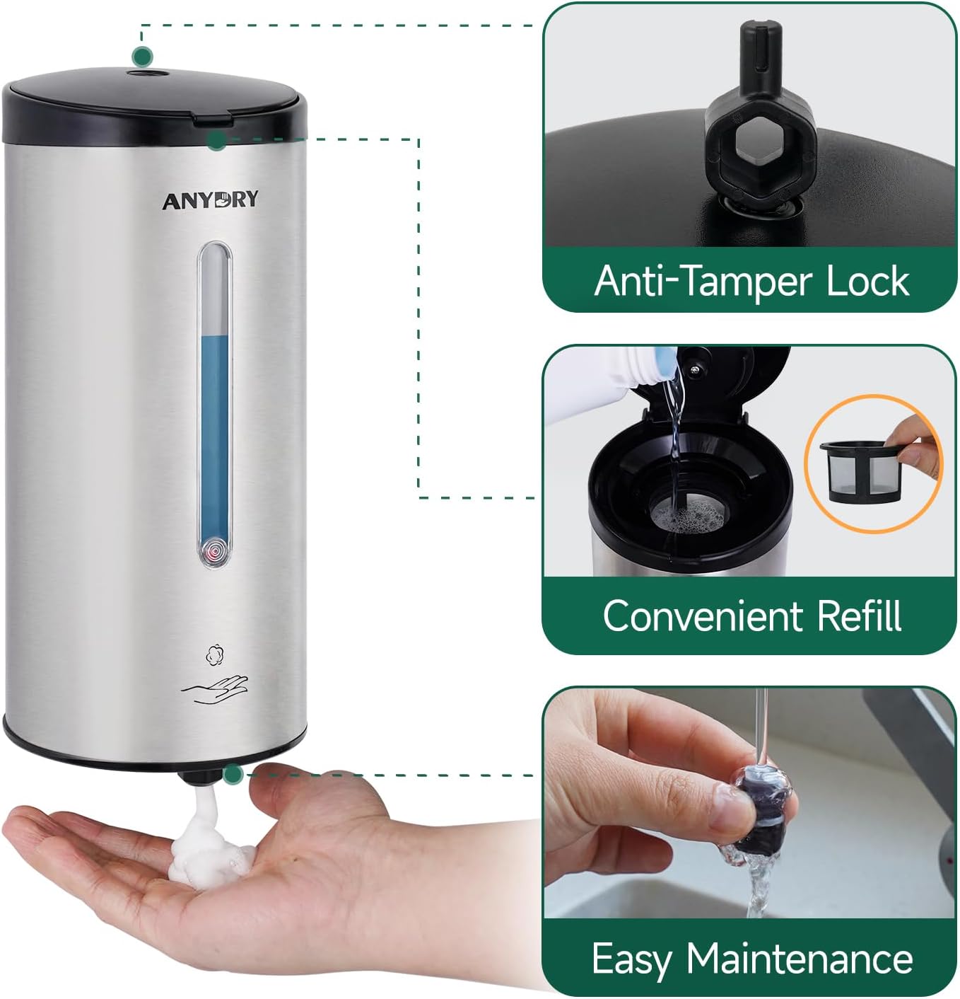 Automatic Foaming Soap Dispenser Wall Mounted 25oz (750ml) Brushed Stainless Steel with Sturdy Metal Mounting Plate Commercial Touchless - Image 6