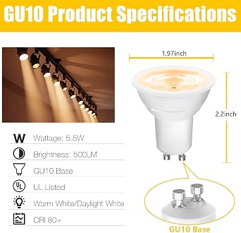 DAYBETTER GU10 LED Light Bulbs, Dimmable GU10 Bulb Replacement for Track Lighting, 5.5w Equivalent 50W, 500 LM Warm White 2700K, MR16 LED Bulb for Kitchen, Range Hood, Living Room, 12 Pack