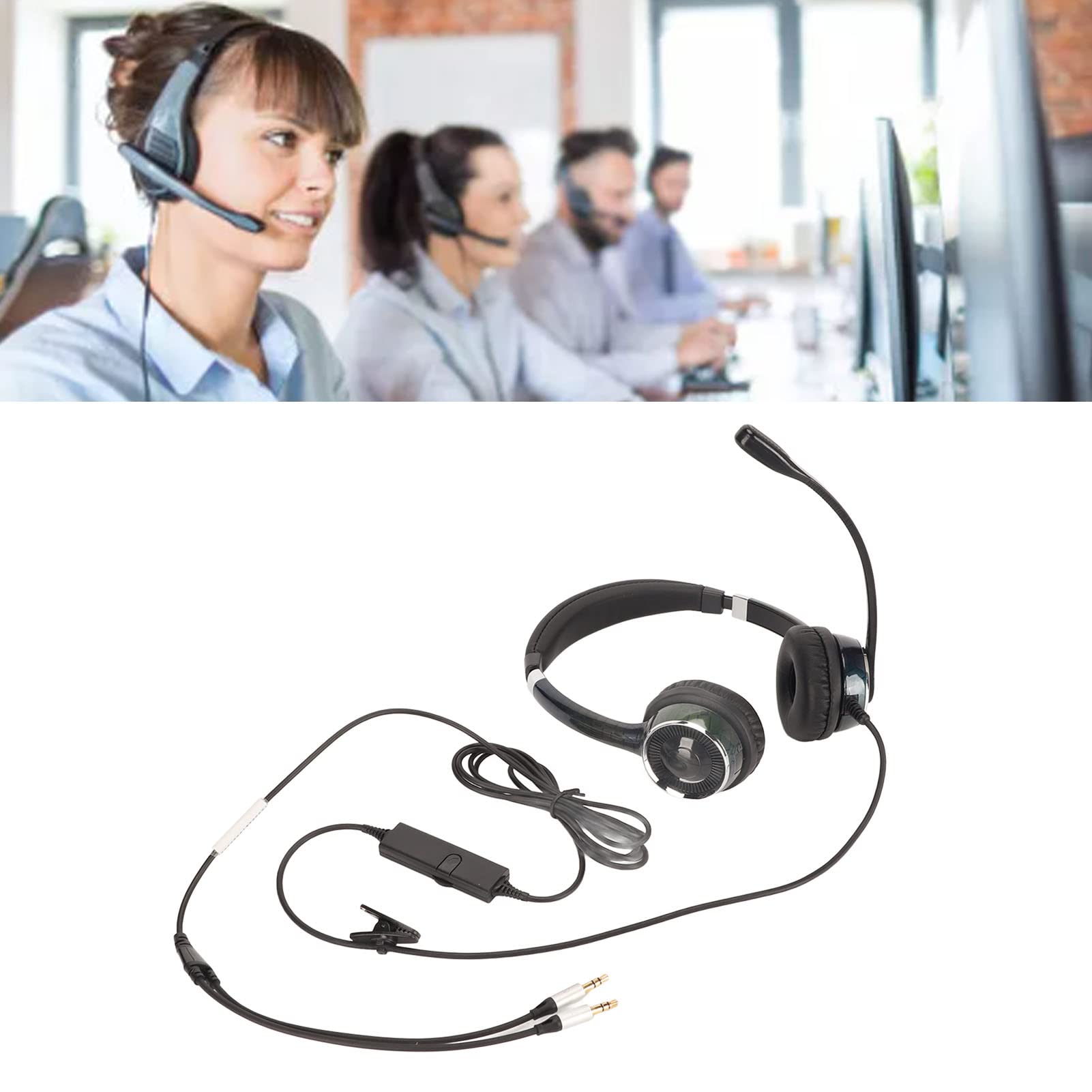 Qcwwy Zestaw słuchawkowy do telefonu, regulowany, obuuszny, przewodowy, ergonomiczny zestaw słuchawkowy do biura z mikrofonem do telemarketingu (podwójny interfejs 3,5 mm)