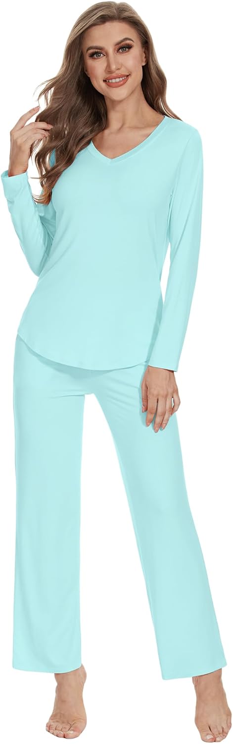 WiWi Pajamas for Women Long Sleeve Cooling Sleepwear Pants Set Super Soft Pj Viscose from Bamboo Loungewear Sets S-XXL