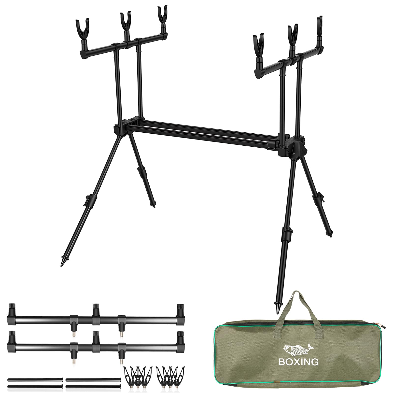 3 Rod Pod Carp Fishing Rod Pod, Adjustable Lightweight Aluminum Alloy Fishing Rod Stand with Extendable Main Beam(64-121cm) & Legs (34-53cm), Carry Bag, Fishing Rod Pod for Carp Bank Fishing