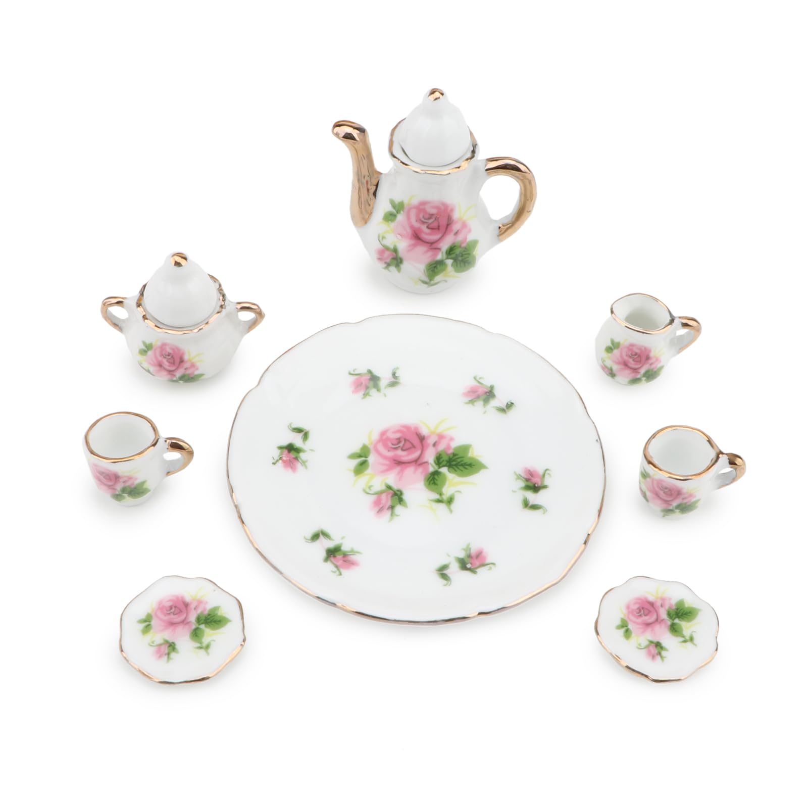 Dollhouse 1:6 Porcelain Tea Cup Sets 8 Pcs Set Miniature Ceramics Dollhouse Accessories Flower Pattern Teapot Platter Dish Sets Dollhouse Kitchen