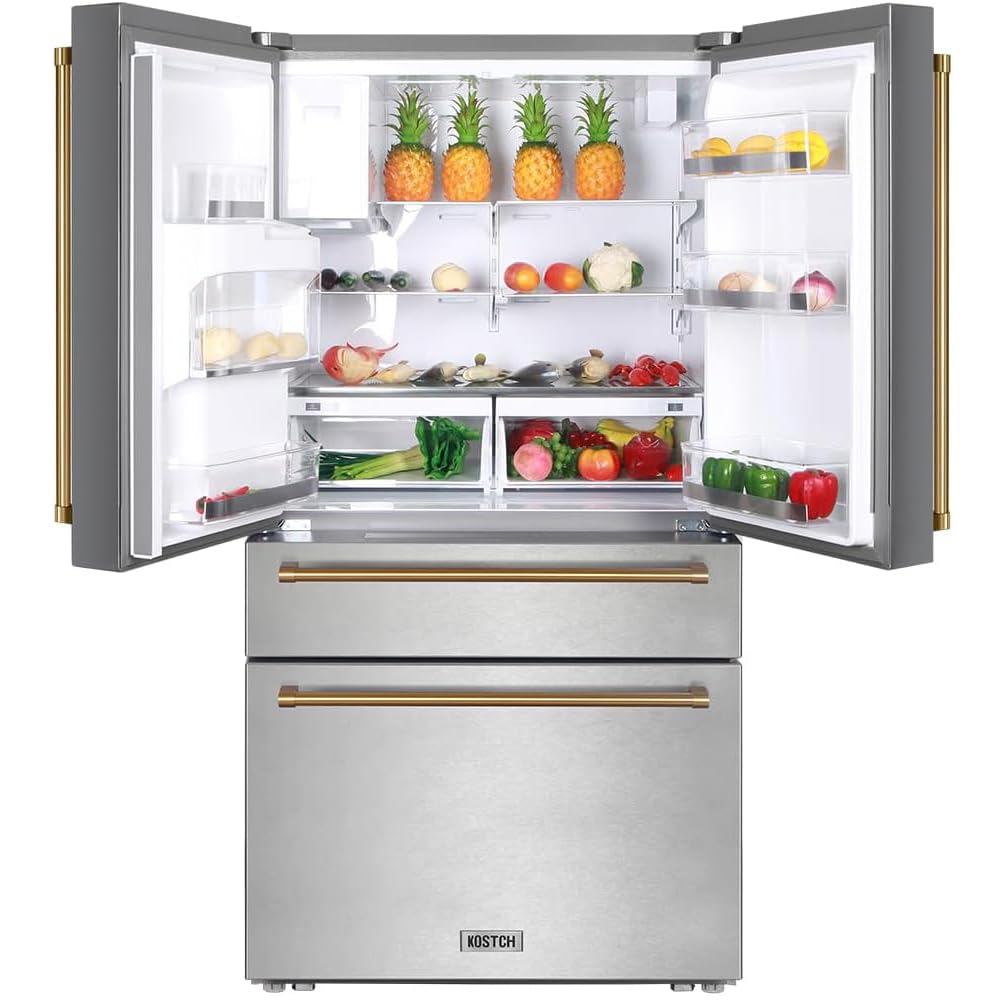 KOSTCH 21.6 Cu.Ft French Door Refrigerator with Ice/Water Dispenser, Stainless Steel with Bronze Handles, Energy Star Certified on Fridge.com