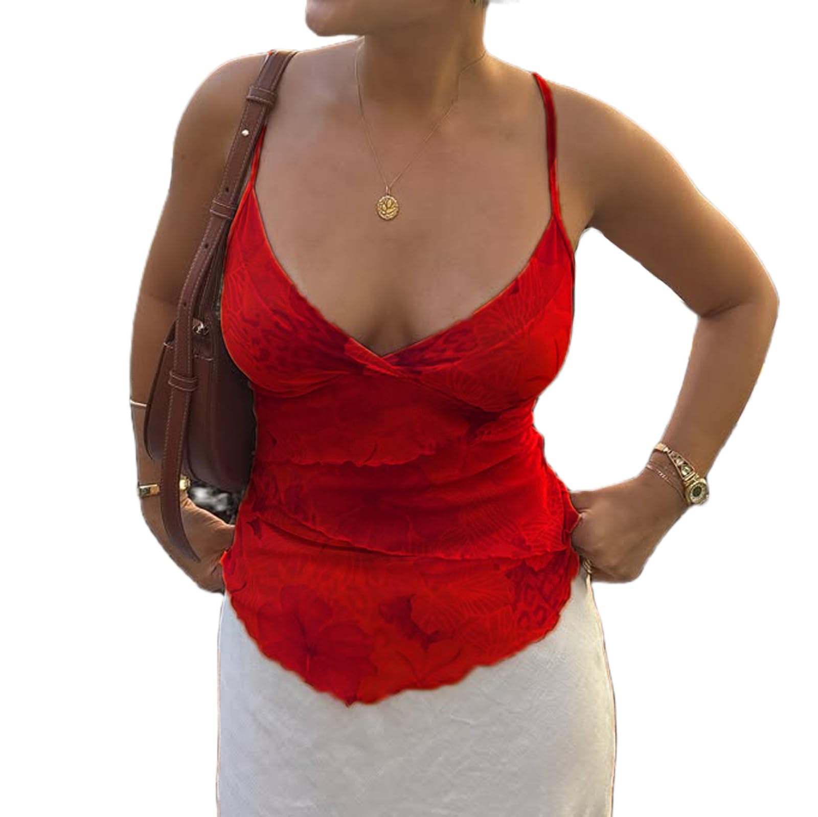 Women's Y2k Floral Cami Tops Sexy V Neck Wrap Irregular Hem Sleeveless Spaghetti Strap Tank Top