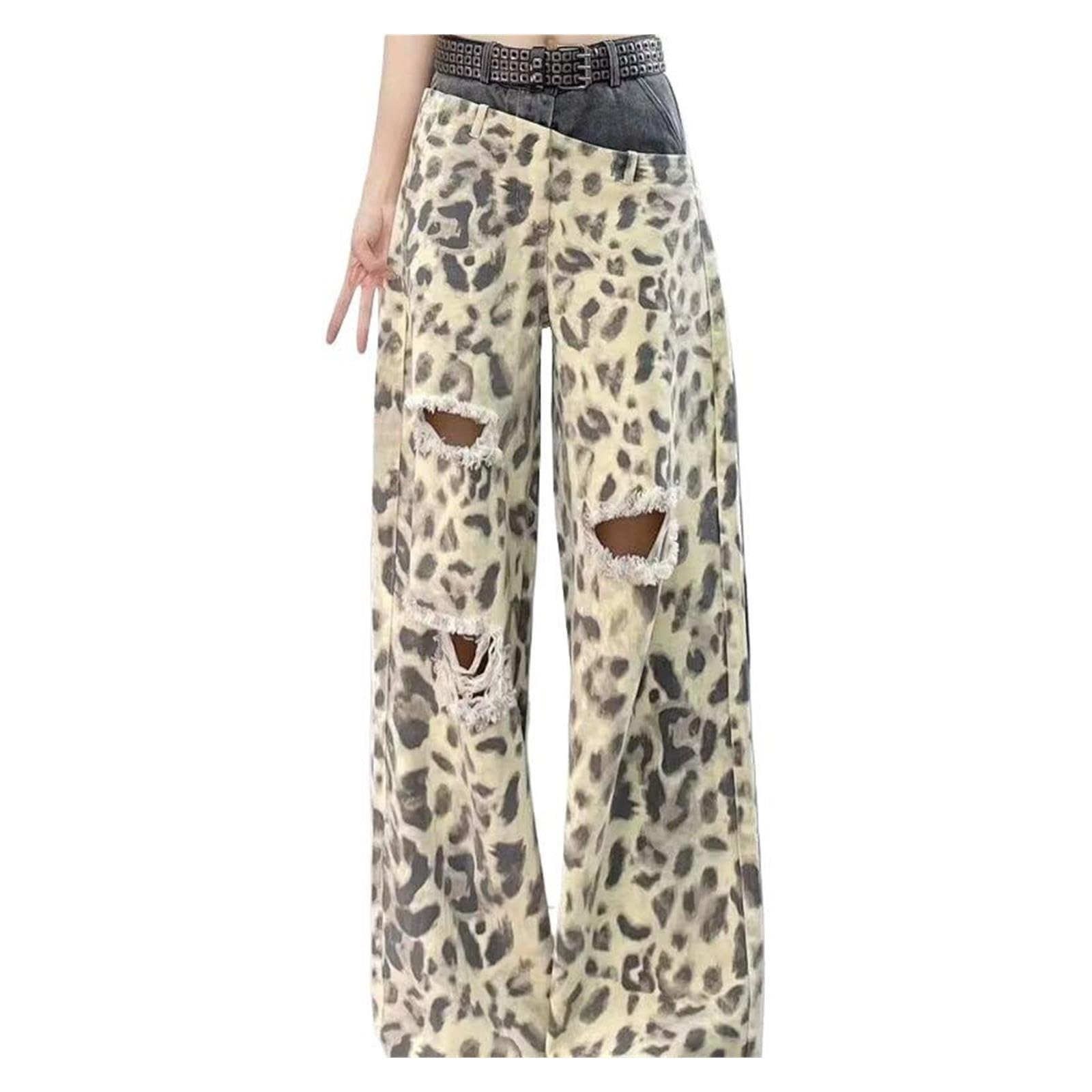 Jeans Stampa Leopardo Gamba Larga Jeans Vita Alta Jeans Denim Strappati
