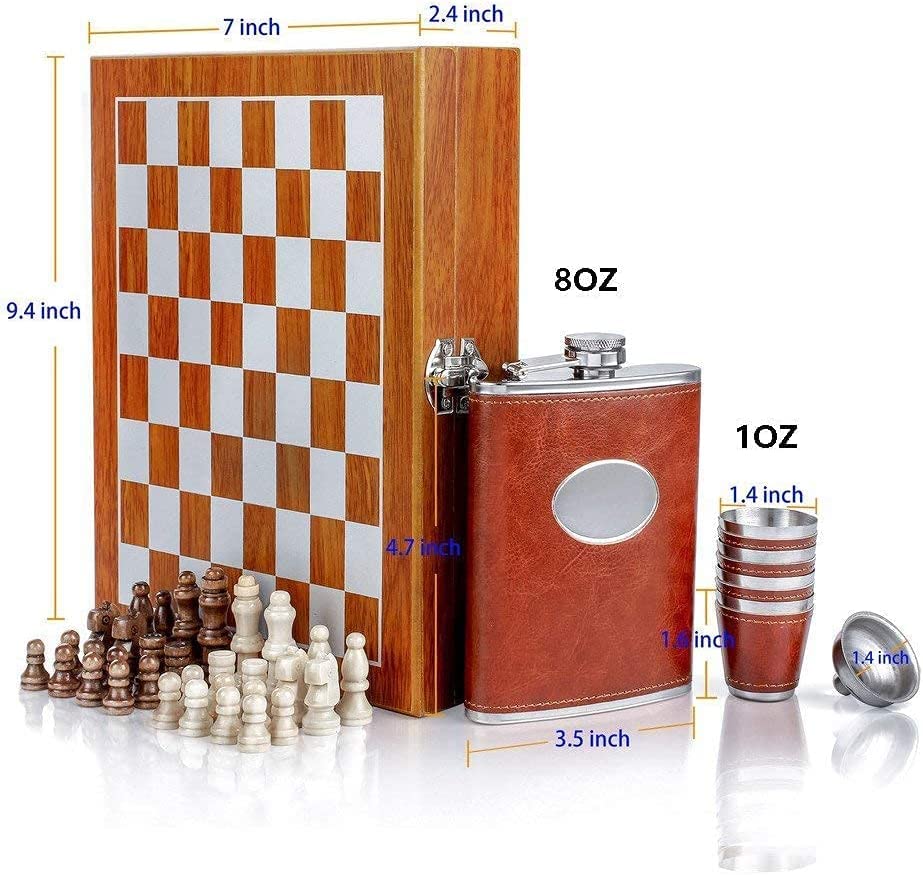 Image of Iktu Wooden Chess 235ml Brown Leather Hip Flask Set - Stainless Steel Flasks with Funnel and 4 Shot Glasses Gift Box