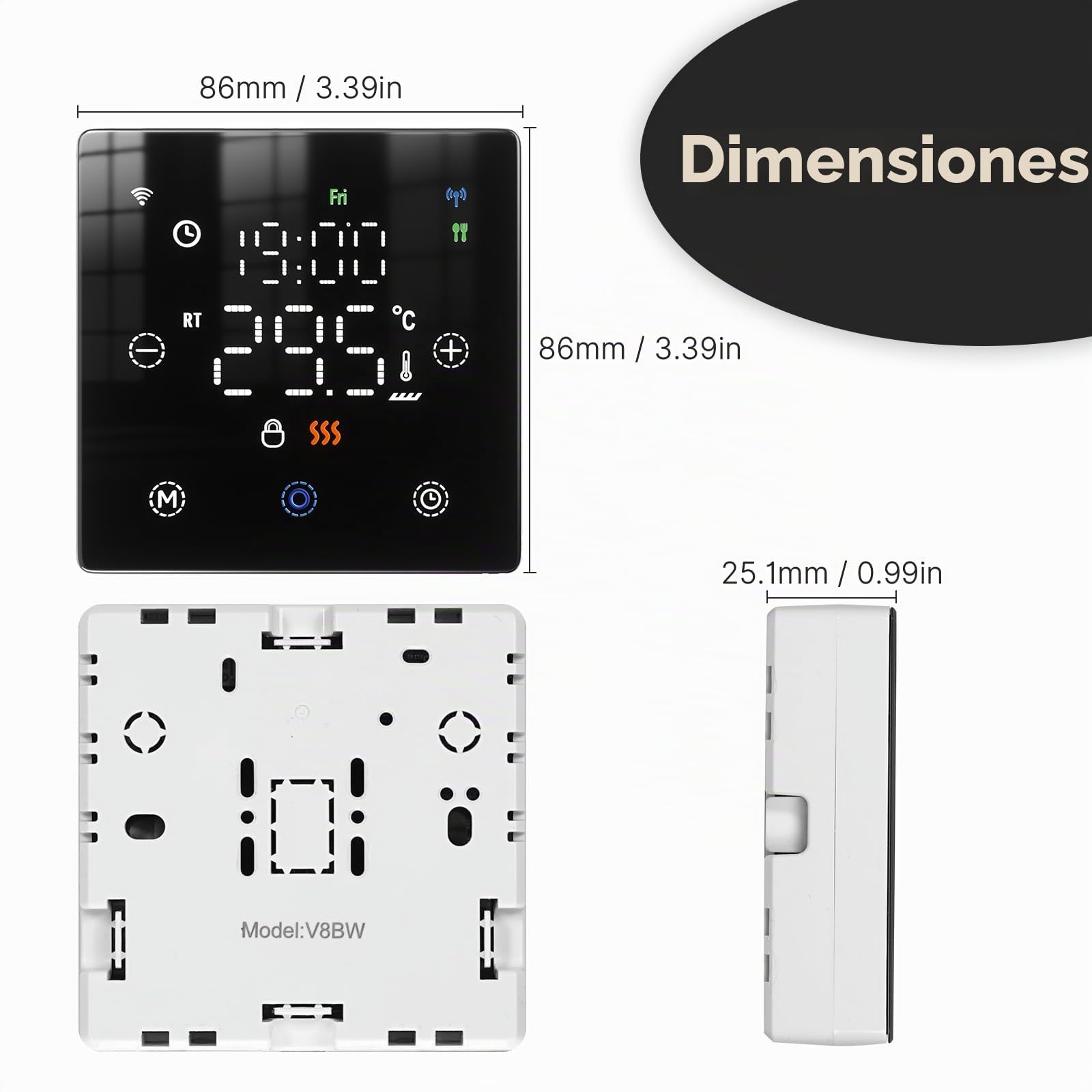 Termostato WiFi de Batería Negro, Inteligente para Caldera de Gas, Pantalla Táctil 86x86mm, Compatible con TUYA Smart Life, Montaje en Pared o Encastre Caja 502, Programación Semanal