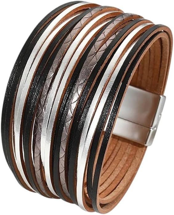 New 2026 Simple Gold Silver Color Leather Bracelets For Women Fashion 2026 Multilayer Strips Wide Wrap Bracelet Jewelry Bangle Gift Trendy Jewelry Fashion Festival