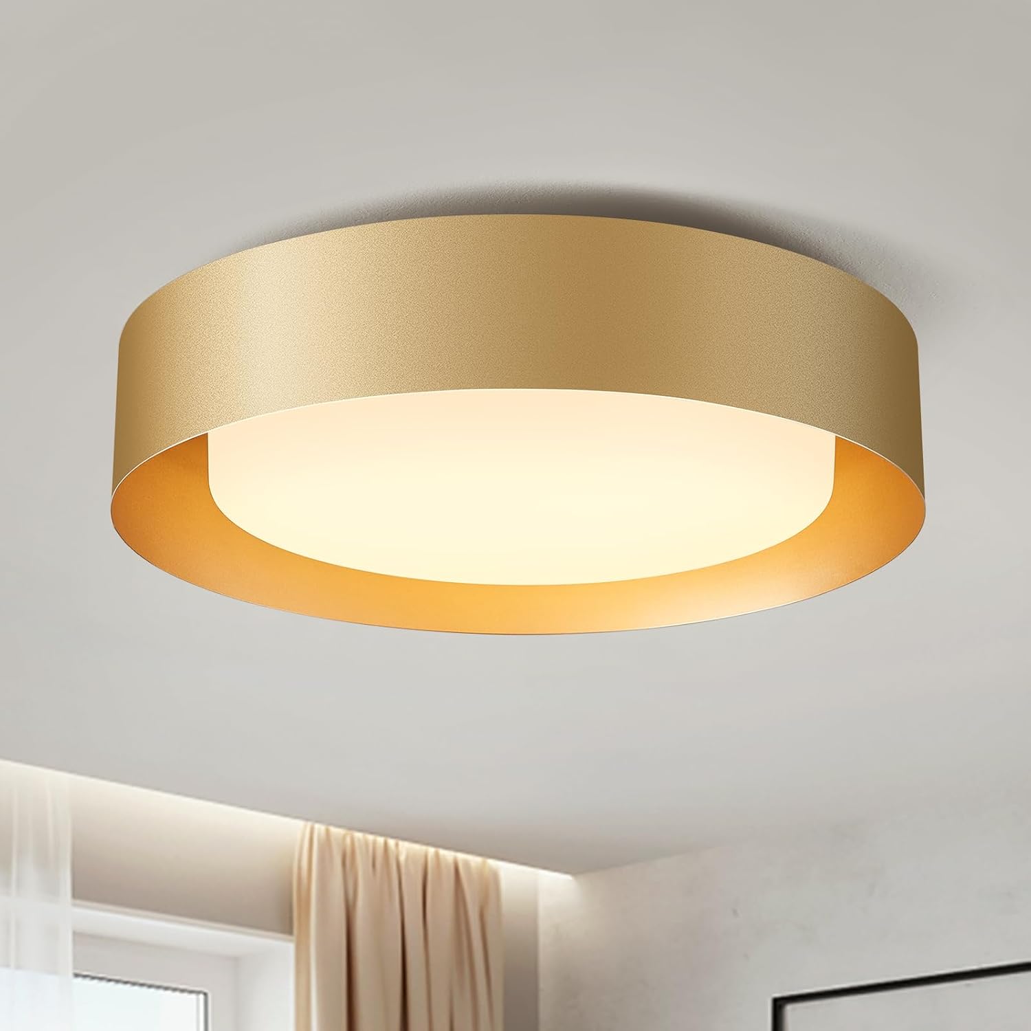 Modern Glass Gold Flush Mount Ceiling Lights, 16.5" Minimalist Round Ceiling Lighting, Drum Close to Ceiling Light Fixtures for Living Room, Bedroom, Dining Room, Kitchen, Hallways