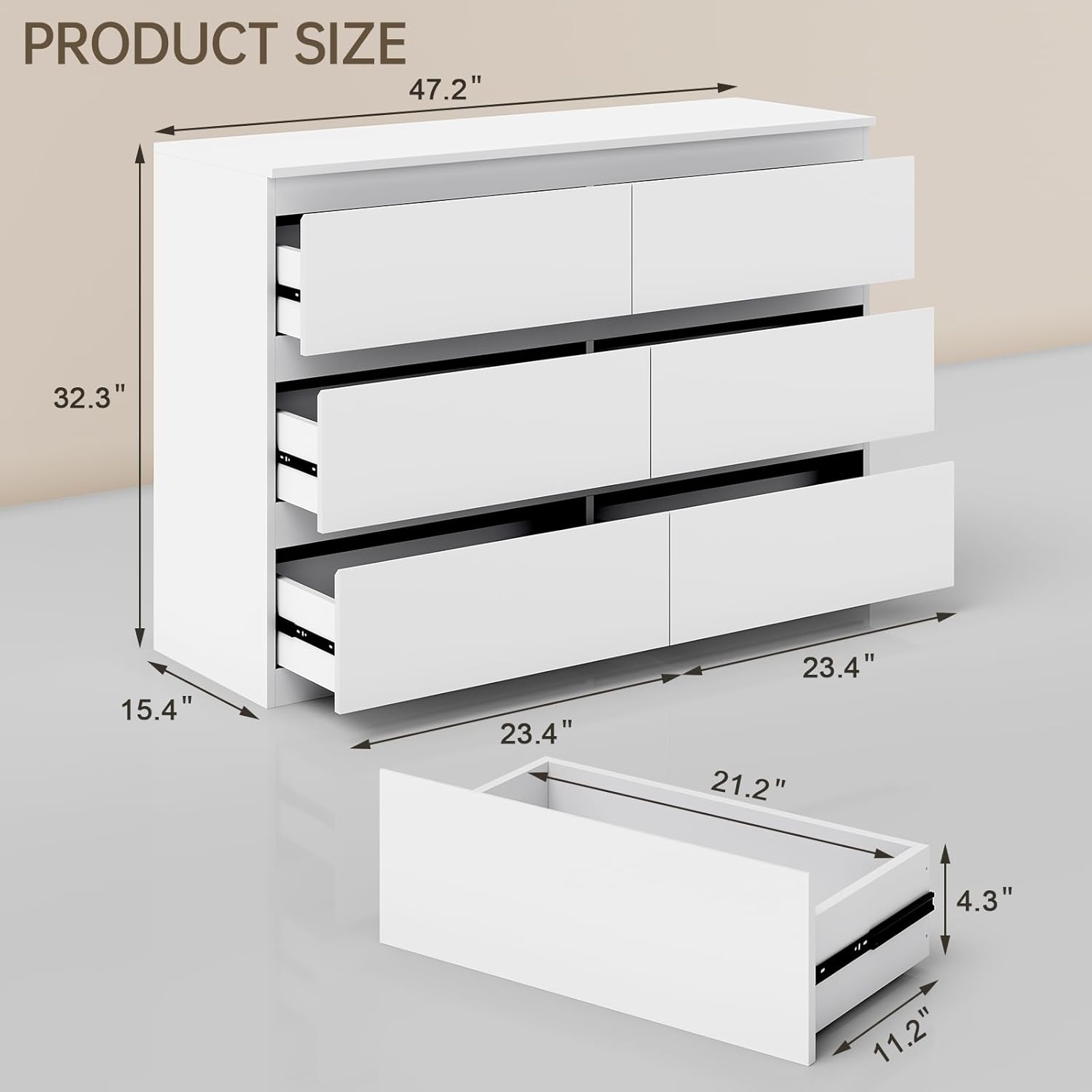 White Wood Dresser, 6 Drawer Dressers for Clothes Storage for Bedroom, Modern Dresser with Wide Drawers, Wide Wooden Chest Drawers for Living Room, Entryway, TV Stand(47" W x15.4 Dx32.3 H)