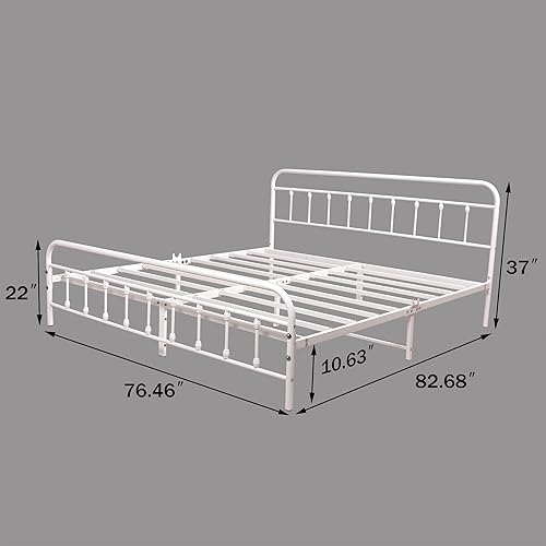 Miniatura 2 de Base de cama tamaño King con cabecero, marco de cama de metal tamaño King, no necesita somier, resistente, base de colchón de soporte de listones de