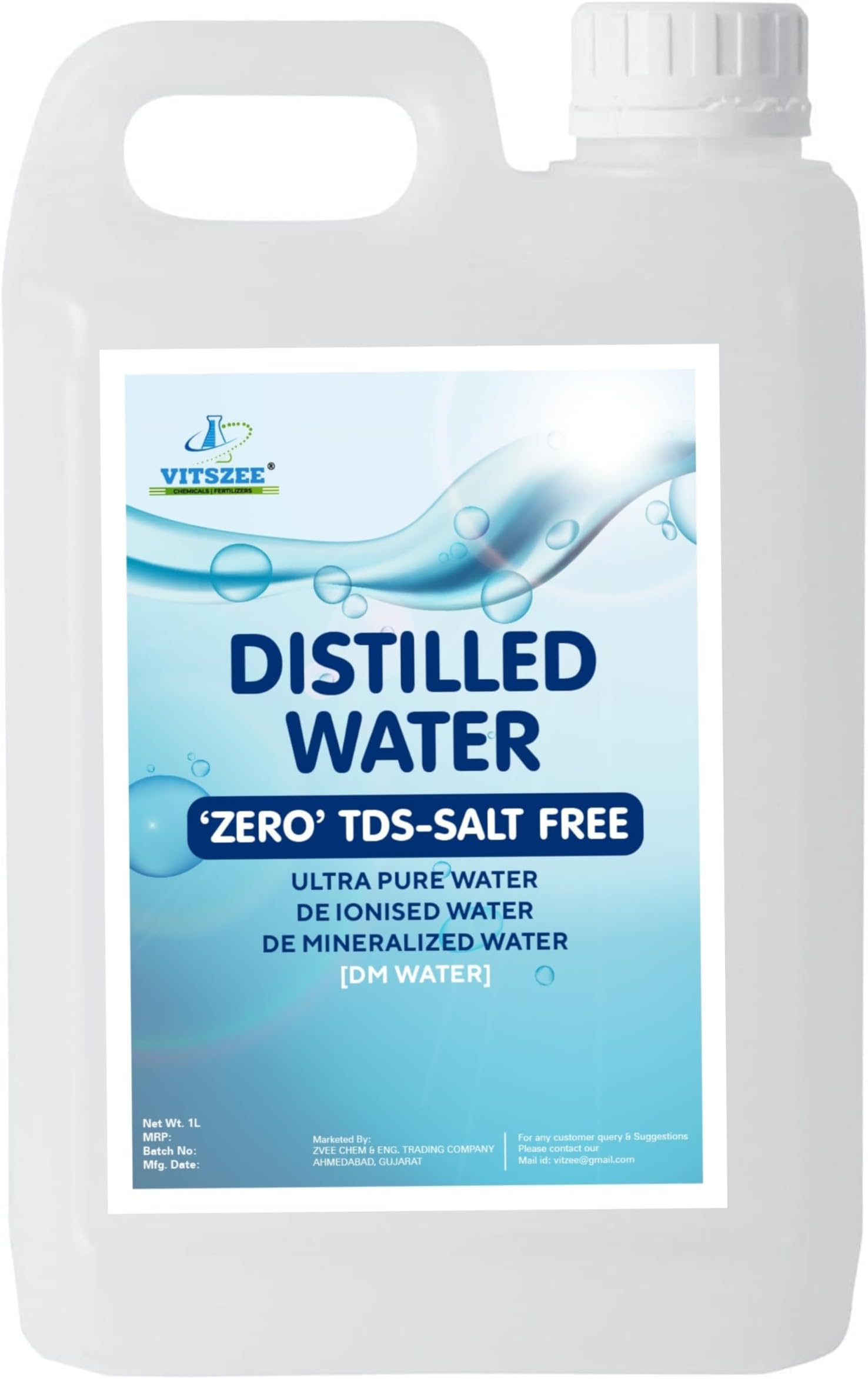 VITSZEE Distilled Water 1L DM water, Pure Di-Ionised Distilled Water For multipurpose Uses Battery/Inverter, Autoclaving, Reagent Water,Lab And Scientific Products 1 Litre