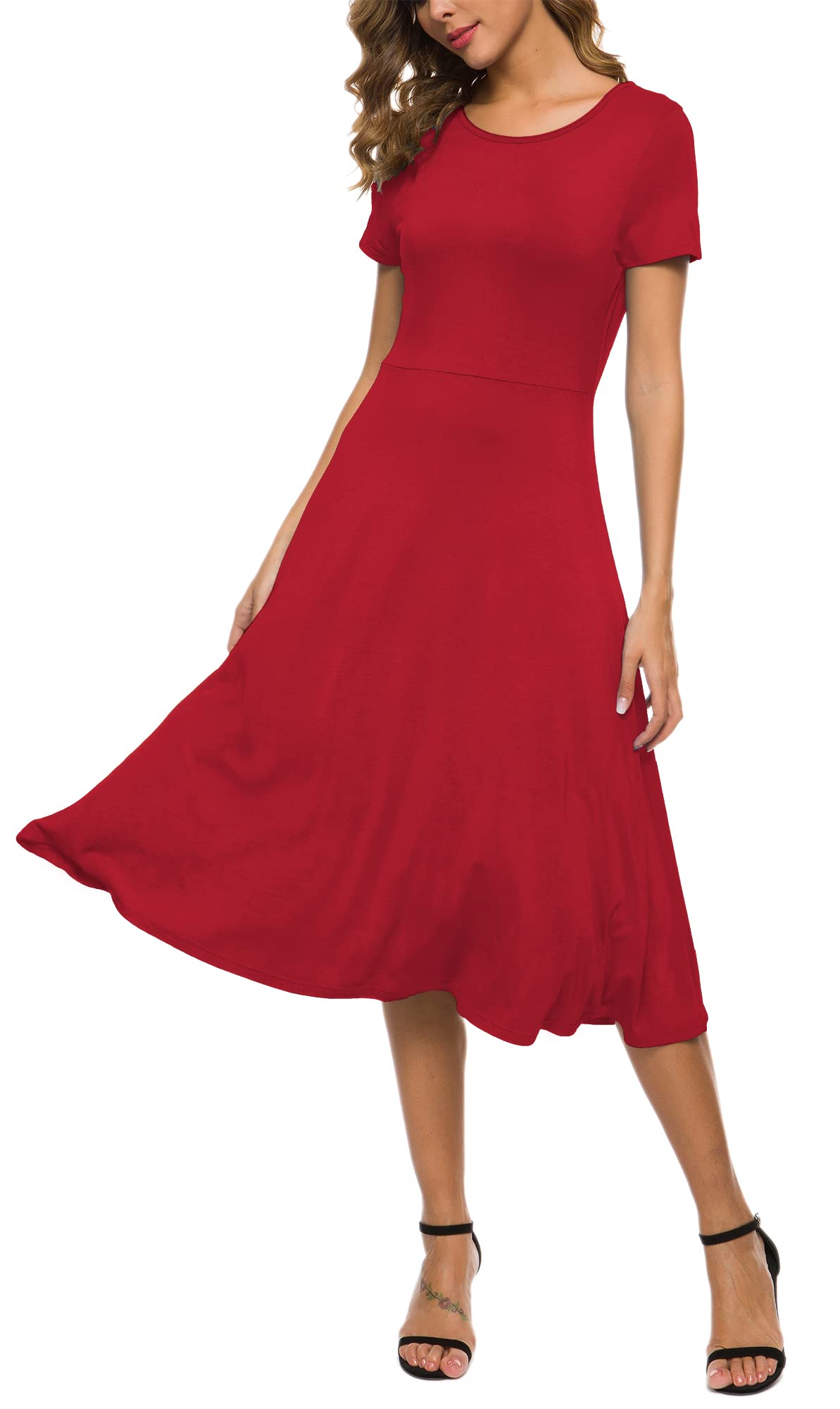 Exchic Sommerkleid für Damen, midilang, Kurzarm, Rundhalsauschnitt, tailliert, schlank, Rot/Ausflug, einfarbig (Getaway Solids), Klein