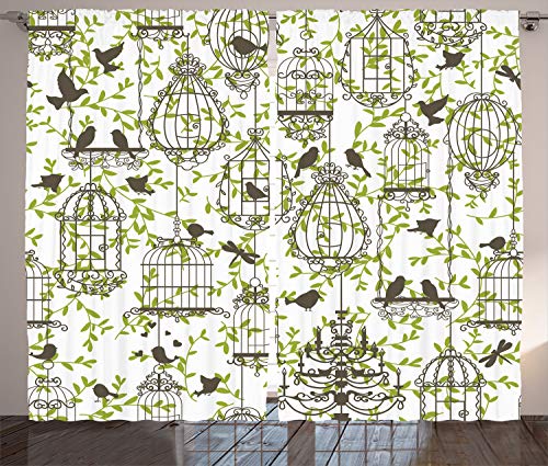 Lunarable Vintage Curtains, Antique Birdcages on Ivy Leaf Love Couple
