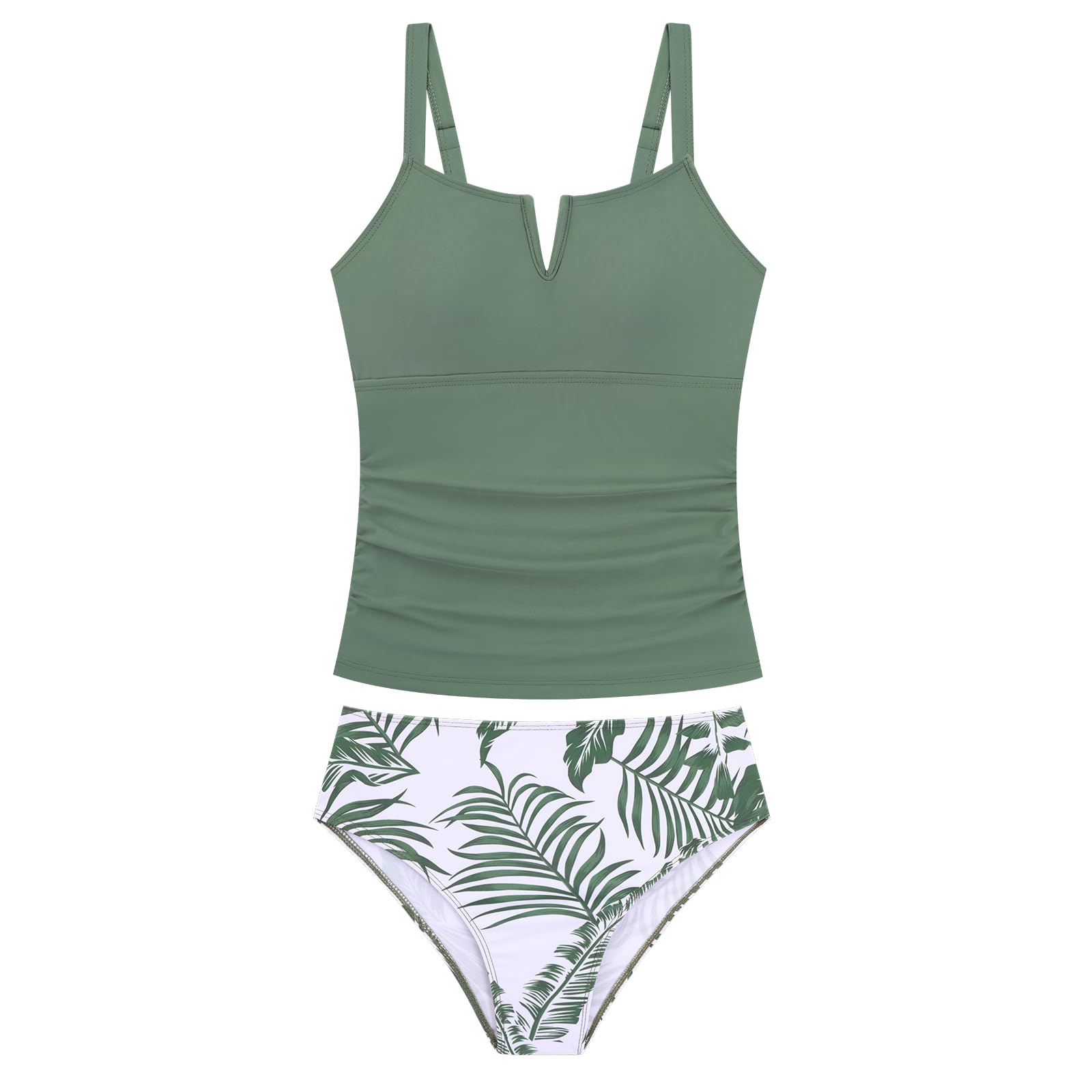 Trajes de baño de 2 piezas para niñas adolescentes, con cuello en V, parte superior tankini fruncida + parte inferior estampada tropical, conjunto de traje de baño para verano de 9 a 16 años