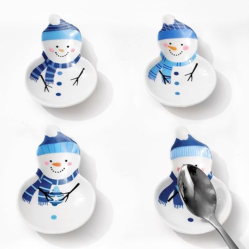 Whaline Juego de 4 cucharas de café de invierno, soporte para cucharas de cerámica con forma de muñeco de nieve, plato para anillos para Navidad,