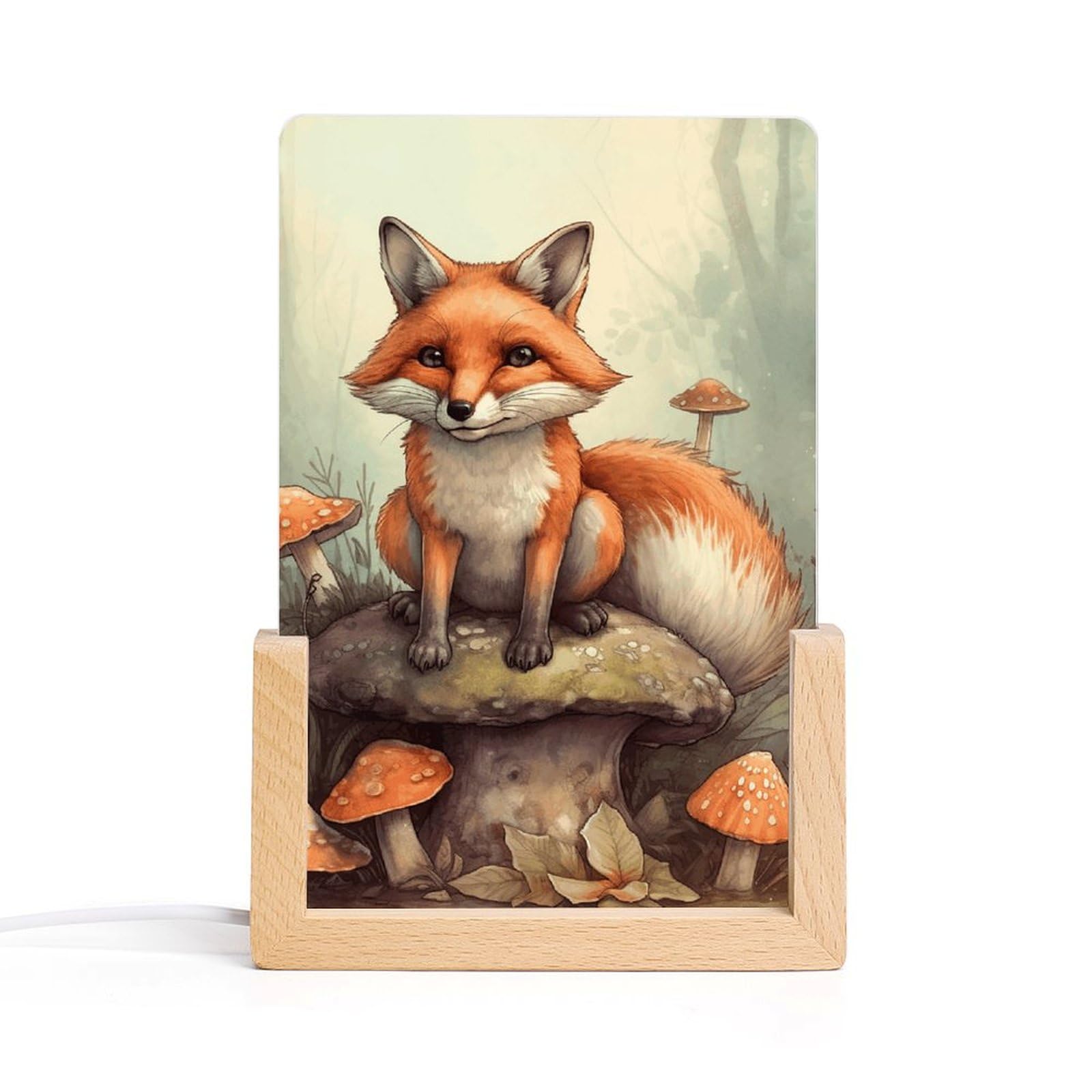 JTREHY Acrylic Night Light,Fox in The Woods Printed Wooden Base LED Night Light Modern Home Decoration Light with USB Switch Cable for Bar Cafe Bedroom Room Decoration