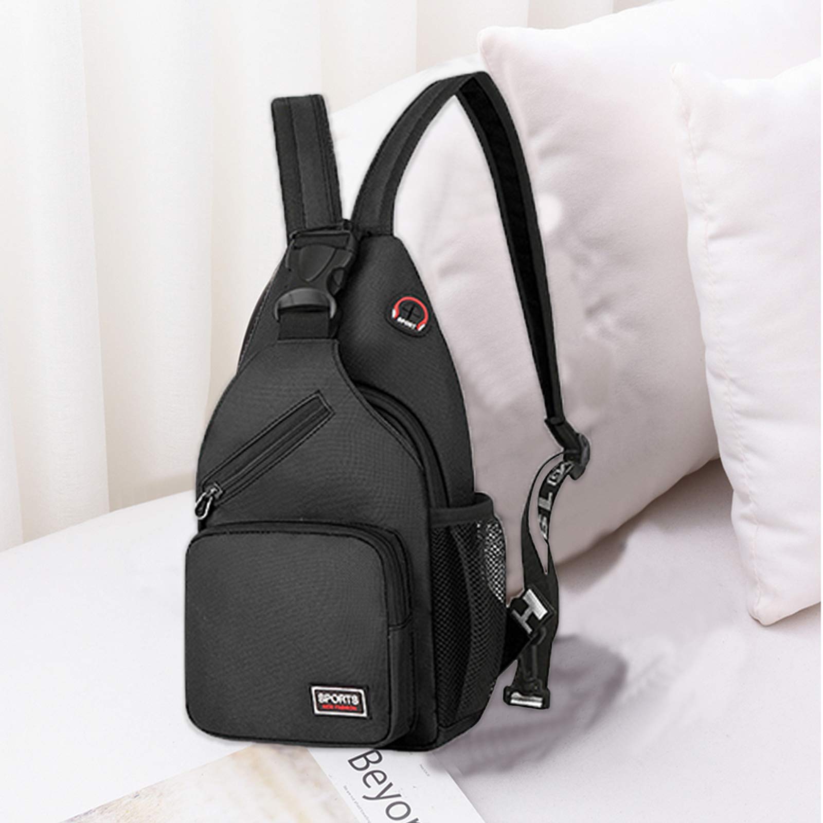 FANDARE Femme Sac de Poitrine Petit Sacs à Dos avec Trou pour écouteurs Sac à Bandoulière Fille Sacoche Bandouliere Sling Bag pour la Randonnée Vélo Camping Polyester Durable Noir