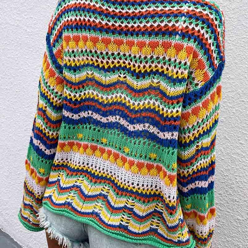 Autumn and Winter Rainbow Striped Sweater Loose Knit Sweater Women's Sweater Cardigan4