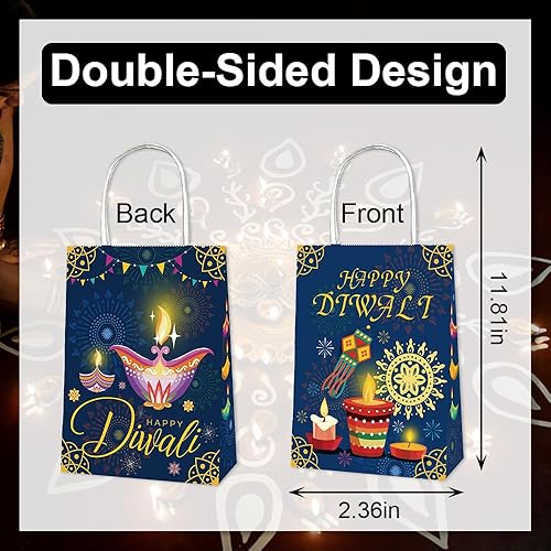 Miniatura 10 de Paquete de 12 bolsas de regalo con palabras de Diwali con calcomanías, bolsas de regalo para fiestas de festival de luces, bolsas de regalo de