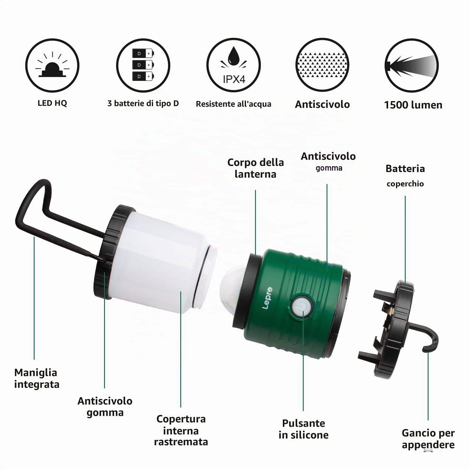 Lepro Lampada da Campeggio Impermeabile, Lanterna da Campeggio LED 1500 lumen, 4 Modalità di Illuminazione, Luce per Campeggio Esterno per Interruzioni di Corrente, Escursionismo, Emergenza, Pesca