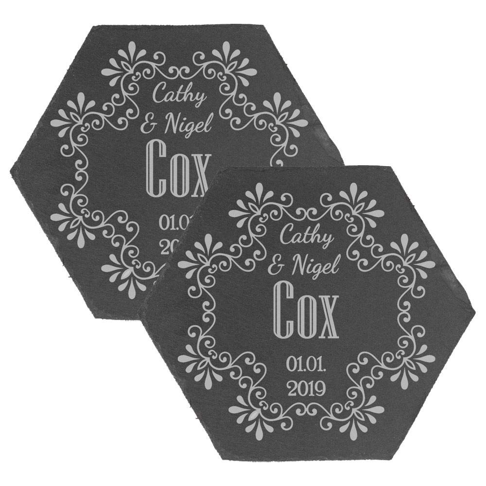 Personalised Engraved Hexagon Slate Wedding Coaster with Names Set of 2