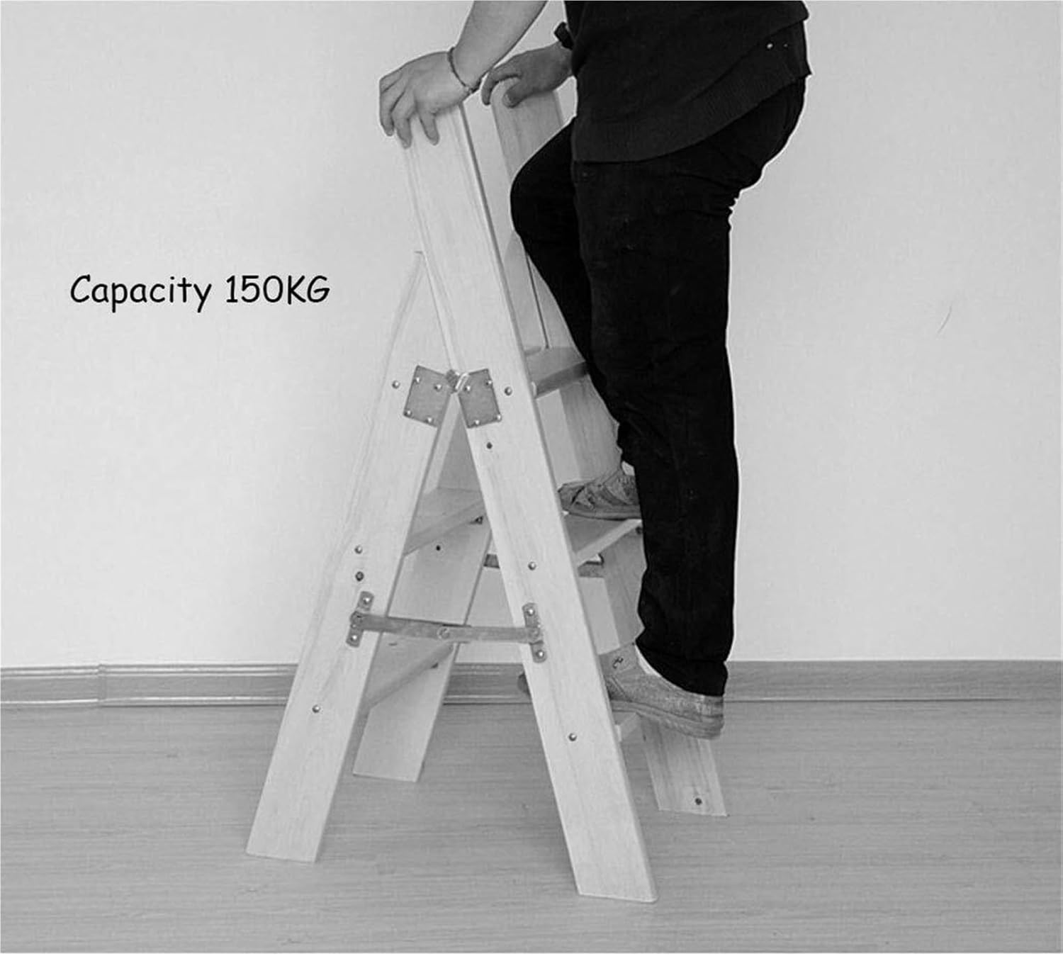 Step Stool 4-Step Brown Wooden Folding Ladder & Step Stool - Lightweight Handrail-Integrated Dual-Use Tread Ladder for Home, Library & Loft - 300lb Capacity